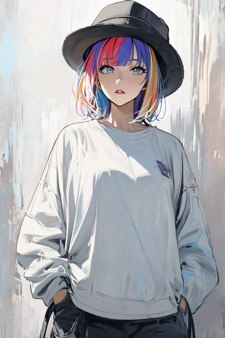 1girl, solo, hat, hands_in_pockets, multicolored_hair, shadow, parted_lips, bangs, standing, white_shirt, looking_at_viewer, shirt,