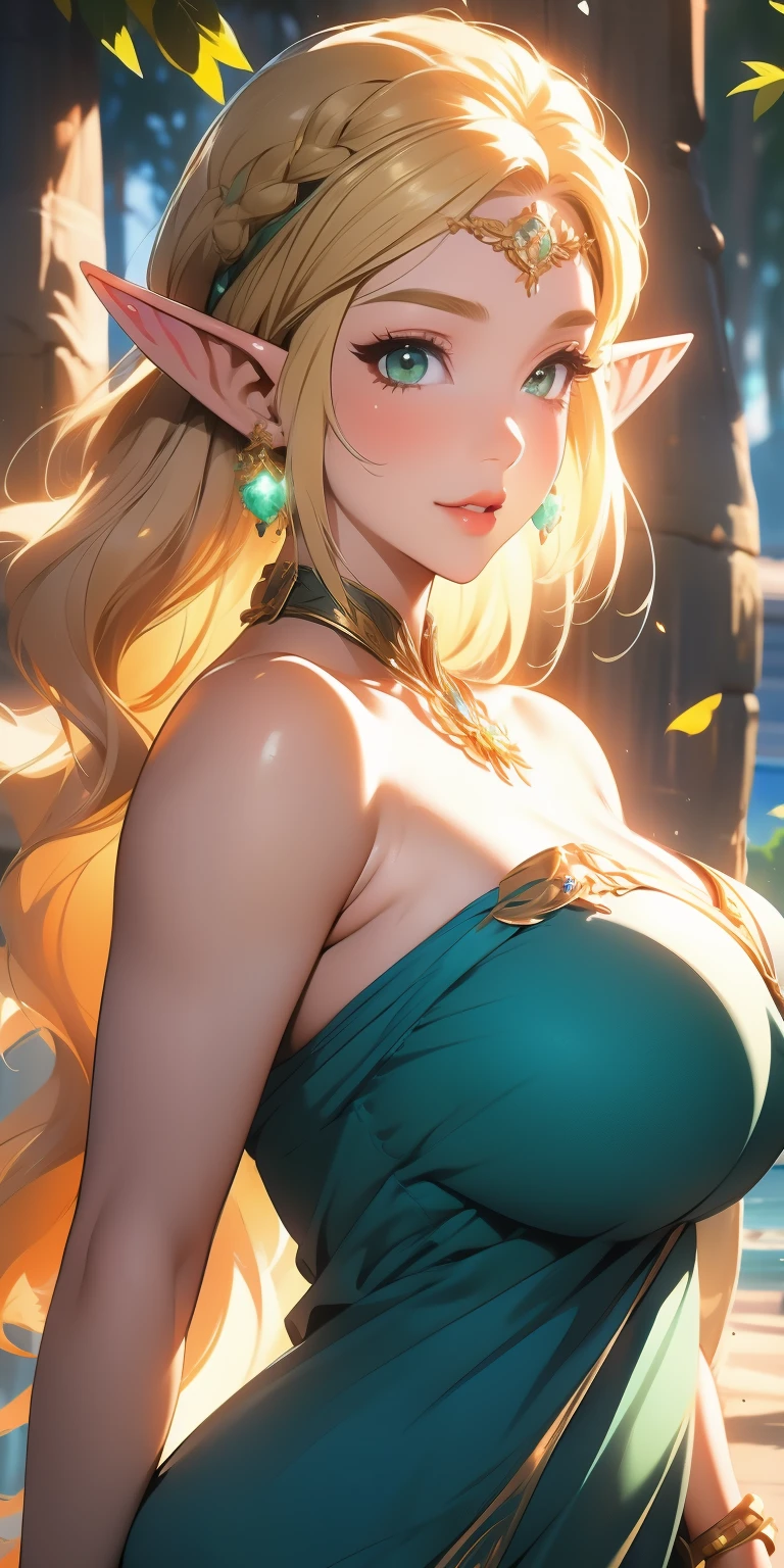 extreme quality, cg, detailed face+eyes, playful smile, (bright colors), (anime), 1woman, Milf, 30 years old, impact, (Voluptuous:1.3), goddess, time stop, fantasy, (Elf), (big breast:1.4), pointed ears, beautiful jewels, clouds, long curly ash blonde hair, (soft headband), masterpiece, top tier, extravagant, 8k, unity wallpaper, unreal engine 5, ray tracing, 8k, cinematic, varied depth of field, octane render, elegant, tone mapping, hyper-focus, parted lips, arms behind back, dappled sunlight, (spring), nature, white sun dress, upper body photo, (morning glow), Curvaceous, (mint green eyes), horizon, picturesque scenery, deep cleavage, trees, looking at the viewer lovingly, (forest), 