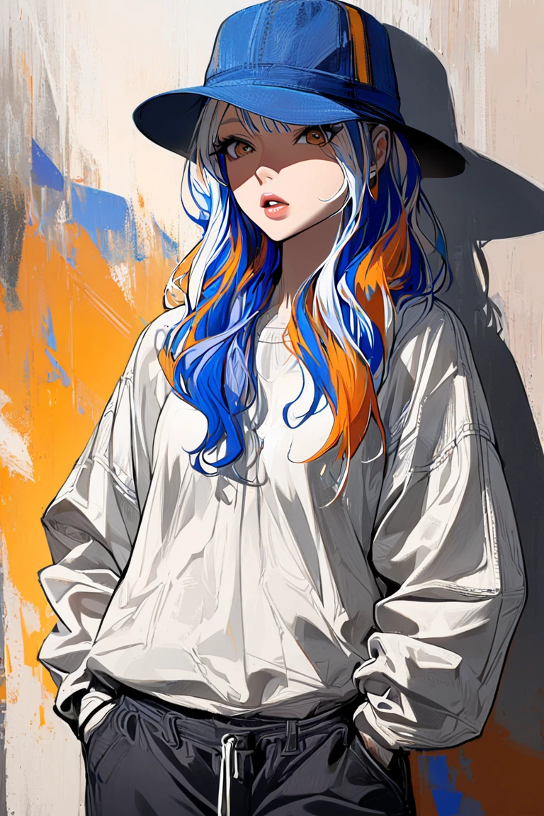 1girl, solo, hat, hands_in_pockets, multicolored_hair, shadow, parted_lips, bangs, standing, white_shirt, looking_at_viewer, shirt,