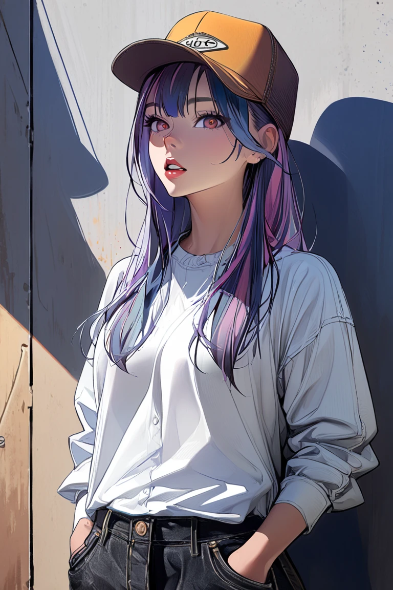 1girl, solo, hat, hands_in_pockets, multicolored_hair, shadow, parted_lips, bangs, standing, white_shirt, looking_at_viewer, shirt,