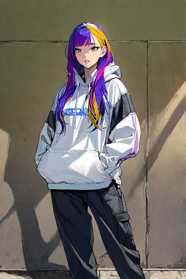 1girl, solo,hands_in_pockets, multicolored_hair, shadow, parted_lips, bangs, standing, white_shirt, looking_at_viewer,