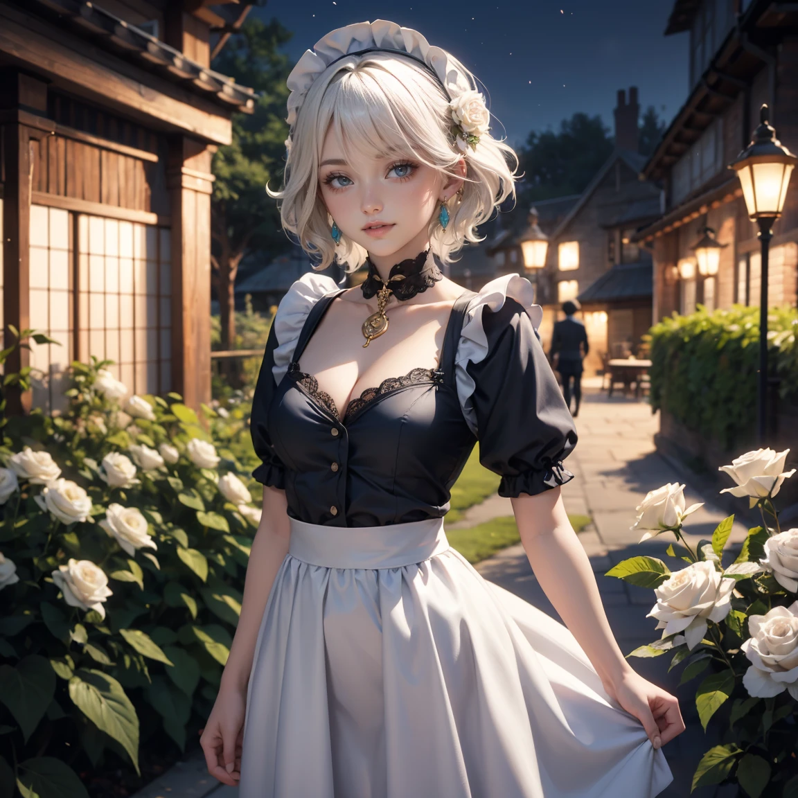 masterpiece, best quality, ultra-detailed, beautiful, HD, 1girl, solo, looking at viewer, center, young, white hair, short hair, yellow eyes, freckled, (long black maid uniform), white apron, (white nurse's cap whit a green cross)), (green cross on chest), standing, ((black sheep horns)), short, grey background