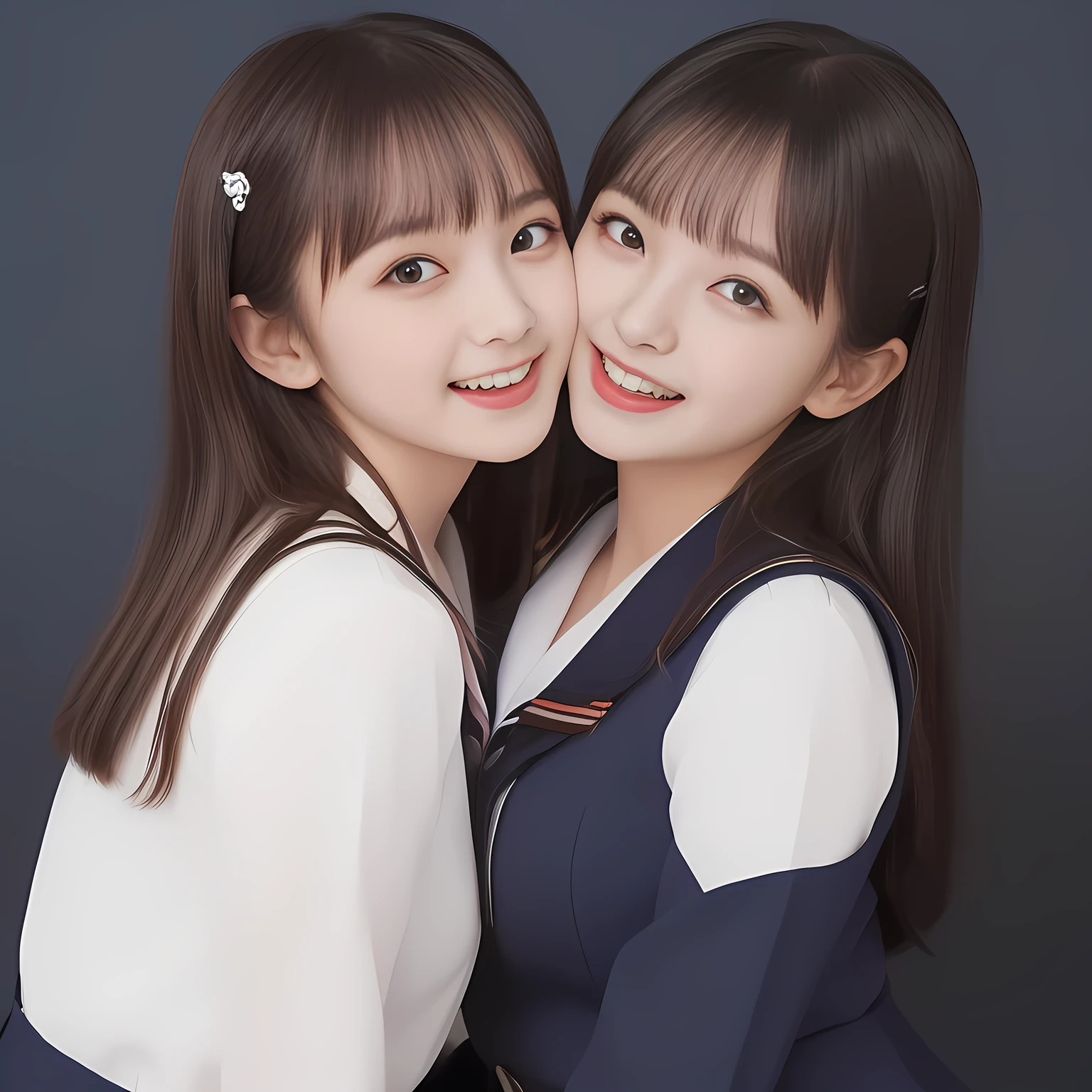 (Highest quality, masterpiece:1.2), Highest quality, High resolution, 1080P, 8k, (Two **** Japanese slender 清楚美少女アイドル are seated and give strong subliminal sexual invitation and temptation, undressing navy uniform, cute skirt with beautiful knees, looking at the viewer, can't stop showing cute smile open mouth because of feeling the viewer too ridiculous, very white-white face, very proud of her long straight black hair, using face-whitening cosmetics, **** 美少女's eyes, Small pupils, laughing giggling most open mouth, too expensive navy sailor-styled school uniform, well-straitened super-long well-trimmed long hair, evenly neatly trimmed girly cute bangs: 1.5), (Laughing blushed cheeks with dimples), (Well-balanced, impressive, very intelligent, double-eyelids, black shining large eyes of **** 美少女 with detailed: 1.5), ((Beautiful well-figured glossy opened laughing lips: 1.2)), (mature breast), (The viewer is forced to madly kiss her), (Very beautiful, super-glossy, cute neat black amazingly long hair, straight well-done long hair-style: 1.3), (plain blue background: 1.6), (((Completely balanced beautiful big cool eyes: 1.3))), (eyes, face and hair are especially beautifully detailed and beautifully drawn: 1.5), (She makes the viewer drink her love ribbon: 1.2), (the viewer become crazy and can't stop bursting and running every liquid to 清楚美少女, 美少女 is surprised : 1.7), (School uniform, too-cute slender 13歳 super-long-hair Japanese 美少女 idol twins are laughing at me and unties the breast button and make the viewer drink it: 2.0), (Super long hair super-beautiful 美少女 super-cute face navy-sailor-suit school-uniform pretty slender 美少女 of 美少女 photo magazine in the 1990s: 2.0), (Inevitable subliminal invitation and temptation force the viewer fall into eternal deep deep unreal pleasure of 清楚美少女ハーレム地獄: 2.0)