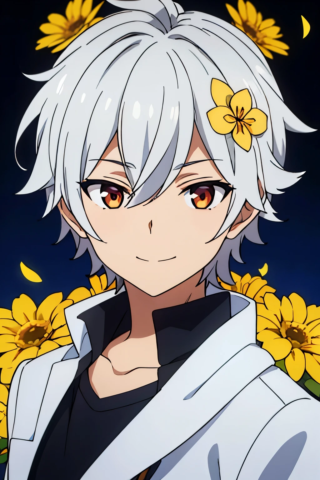 (high-quality, breathtaking),(expressive eyes, perfect face) 1boy, portrait, male, solo, teenager, white silver hair, golden highlights, symmetrical eyes, symmetrical ears, soft wavy hair, short hair length, cute smile, kind face, blue fluffy scarf, black shirt, white jacket, short sleeves, orange trim, open jacket, sky blue background, plain blackground, petals, hair ornaments, flower ornaments, hair golden yellow flowers, narrow eyes, flower on shirt,
