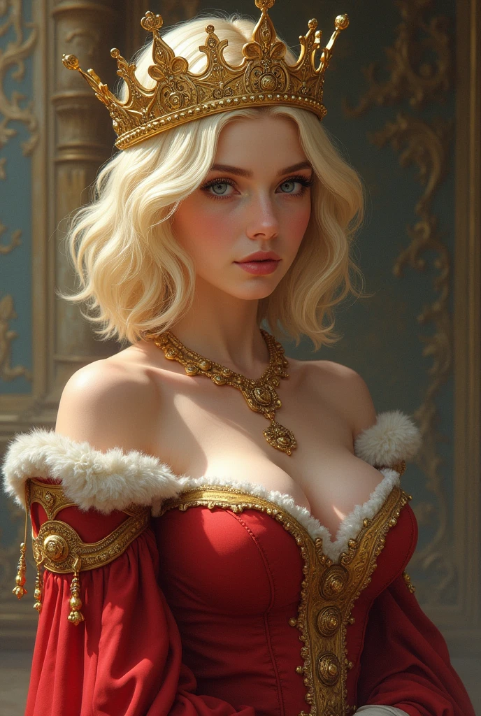 ((old painting portrait face and breast close up)) ((round ornamented frame)) woman beautiful face, big blue eyes, bright red lipstick, dark eyeshadows make up, long straight blonde hair, (pale skin), gold tiara, gold neck ornament, (huge breast), slim figure, (strapless dress) big cleavage, white dress, hand playing with hair, (masterpiece, intrincated details, reflex, photo realistic, amazing lights and shadows) (8k) perfect eye, perfect face, inside dark room background