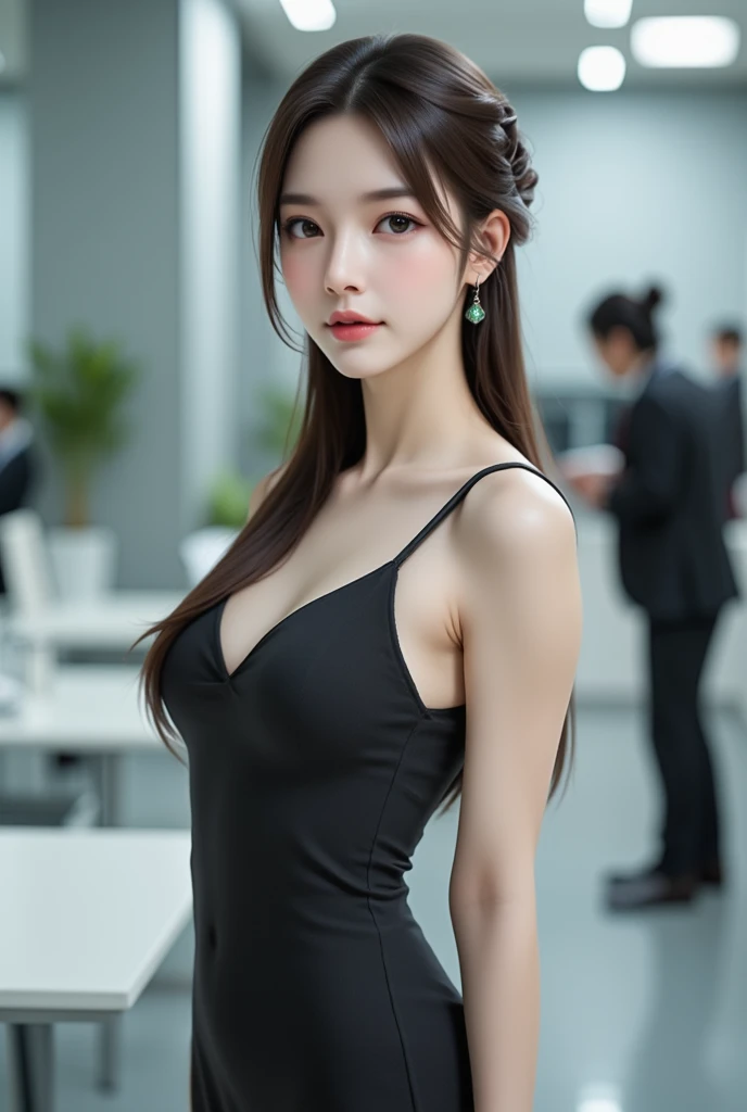 Photography fullbody random poses, (Beautiful Japannese Female, (green puri eye)), (Beautiful cup-A small chests), (white pale skin and athletic physique body), (wearing pretty modern dress, very long thick elaborate updo hair), doing random work random environments, 