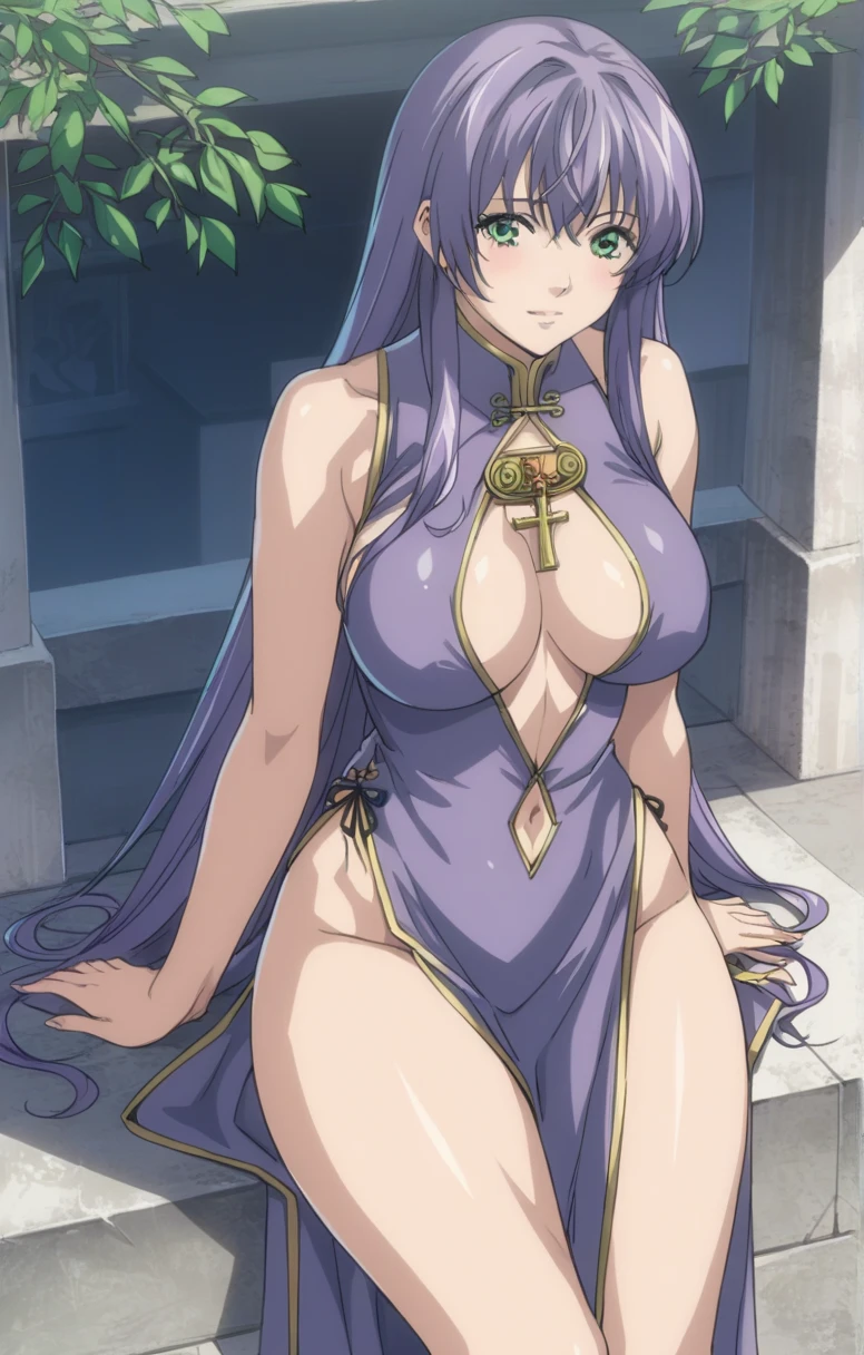  better quality , masterpiece , Looking at the viewer, absurdres,1 girl, score_9, score_8_above, score_7_above,source_ anime ROMPS Sasha , green eyes, purple hair ,long hair, big breasts ,Chinese dress, side opening, high opening, cross opening , Absolute Field , thighs, East Asian architecture ,outdoor, sunny, natural light