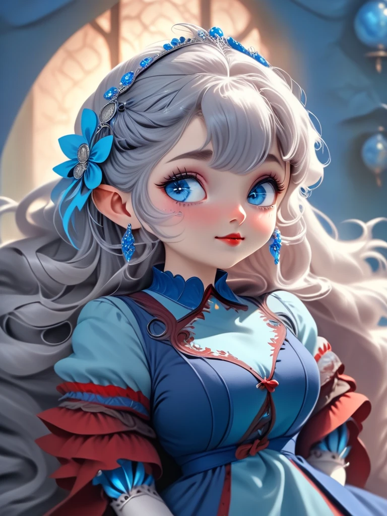  gray-haired girl with long hair, , curvy bangs on her right side ,  with big blue eyes ,  medical mask on her face ,  in a medical gown, in the blood, with a shot in the head . psychotherapist , with slightly pointed elven ears.