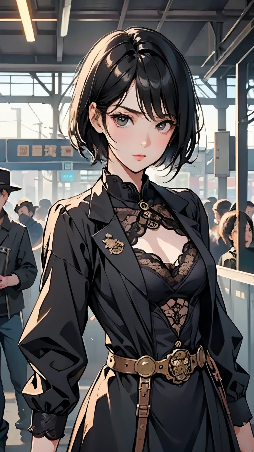 Busy Train Station,  retro modern station building and home、train。Steampunk girl 、crowd、masterpiece、wallpaper、 High Quality 、High image quality、8k、