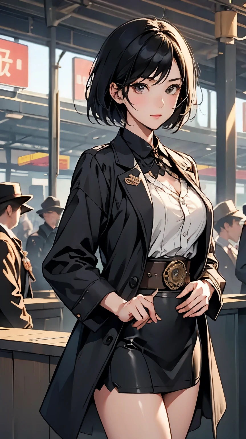 Busy Train Station,  retro modern station building and home、train。Steampunk girl 、crowd、masterpiece、wallpaper、 High Quality 、High image quality、8k、