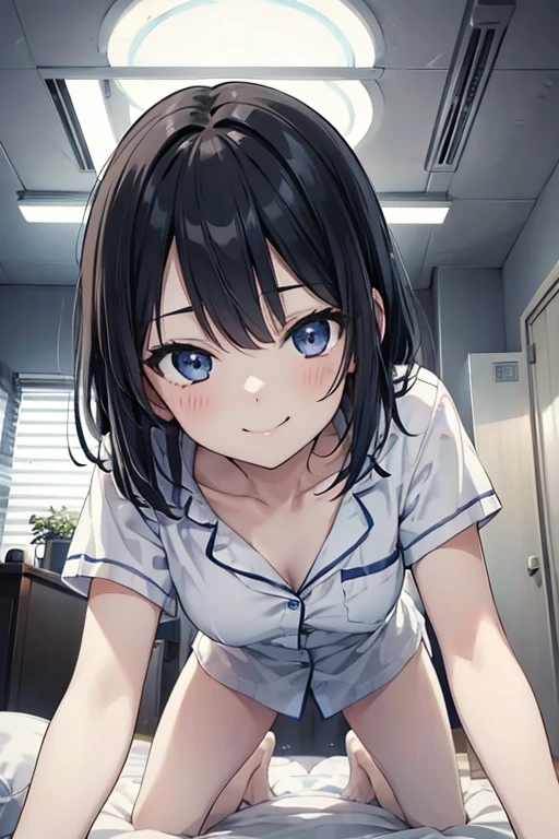 (masterpiece,Illustration Awards:1.3),Professional work,anime,Detailed face,Detailed Description,Blue tones,(Darker Room:1.3),From below,1girl,pov,perspective,Depth of Field,(Closest Face:1.3), BREAK (Teasing smile:1.3),Collarbone,Office Shirt,pajamas,large breasts,Thighs,(Circular mouth:1.3),(Petite,loli),onbed,On all fours,Looking down,Kneeling, BREAK The face of the girl straddling my belly and staring at me is closest,Saddled on a man's stomach,