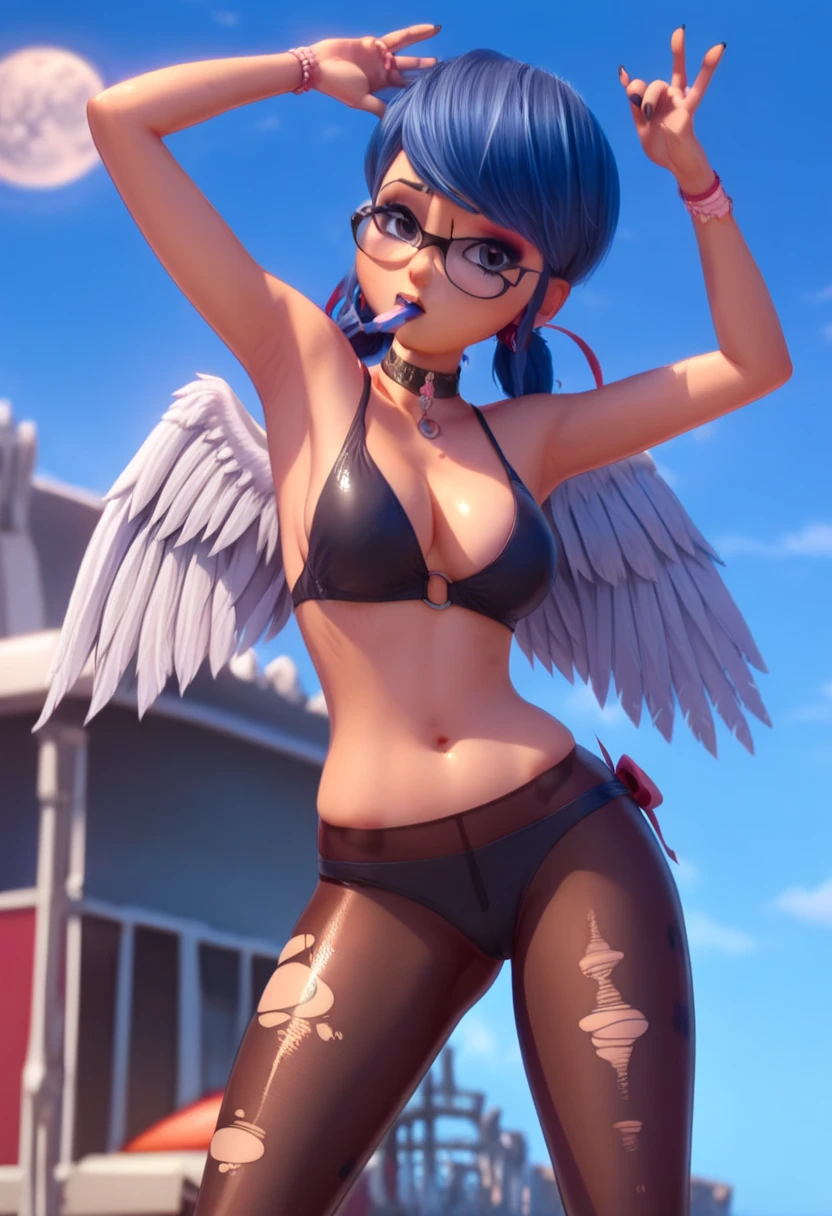 Beautiful girl,Korea, sitting among red light neon,
18 years old,Short hair, shoulder length,black hair, medium breasts,wet, sweat, camel toe, red lips ,Wear glasses,
White underwear, sexy pose,
red eyes, Squat and spread your legs. Sexy lady, กางเกงใน girl, baby face,
Two horns and a red demon tail, slim, angel wings,