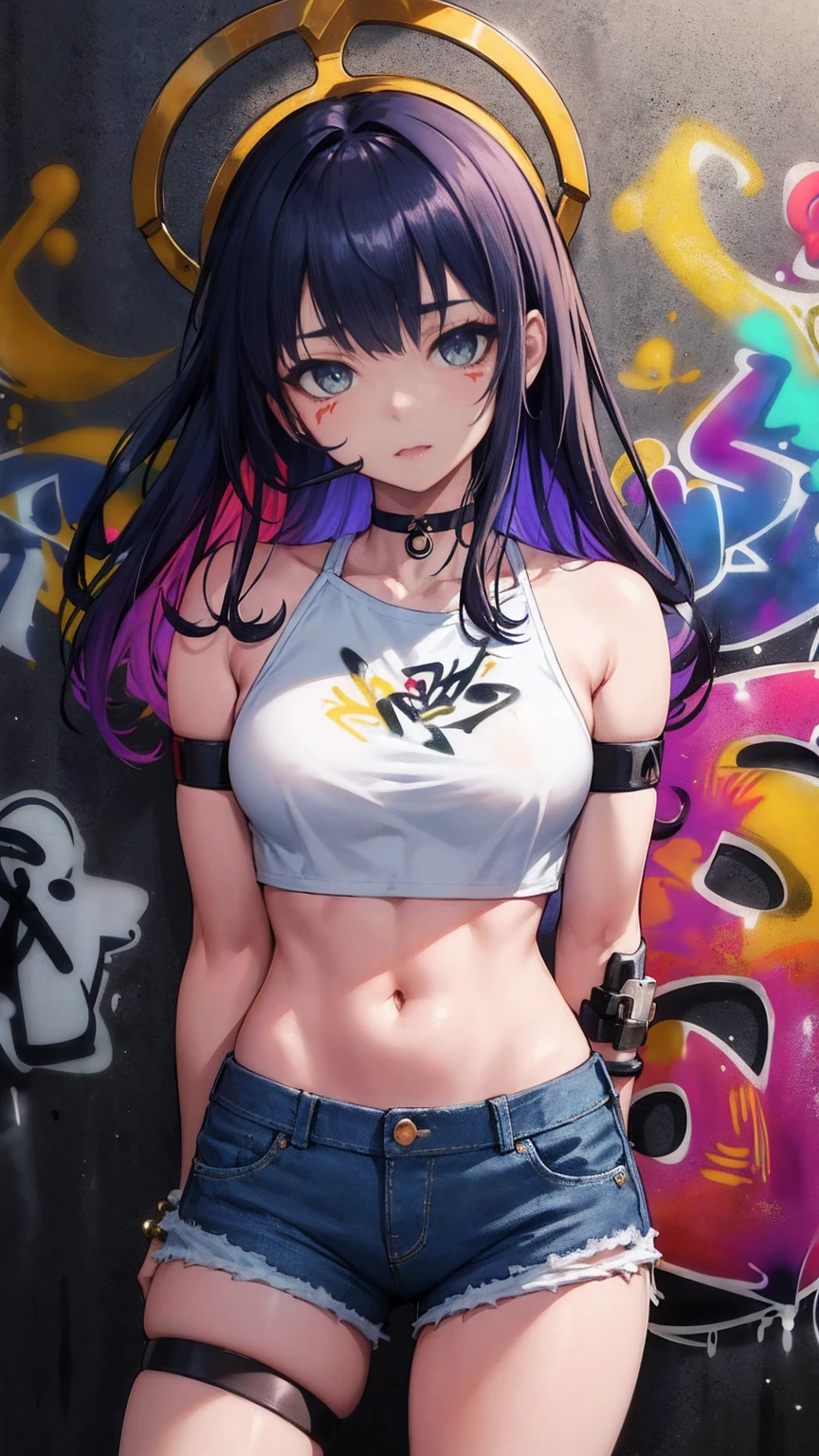 stunningly beautiful citypunk jenna ortega, beautiful face, white colored stained t-shirt, colored stained short denim pants, colored stained hat, inkpunk, colorful graphiti style, digital illustration, sharp lines, sharp focus, illustrative style, comic style, disney style, sticker, colorful paint strokes background, colorful splash graffiti wall art background, amazingly detailed, amazing art, graphiti style, Beautiful Face, Ominous cyberpunk Theme, Fiverr Dnd Character, Octane Render, Digital Art, Extreme Detail, 4k, Ultra Hd, Polished, Beautiful, Hyperdetailed, Intricate, Elaborate, Meticulous, Photorealistic, Sharp Focus, Wlop, Character Design, Unreal Engine, 3d Rendered, Volumetric Lighting, Reflections, Glossy, Digital Illustration, Sensual Pose, Suggestive Pose, Lewd, Full Body Shot, anatomically correct, underboob 💖❤💕💋❣