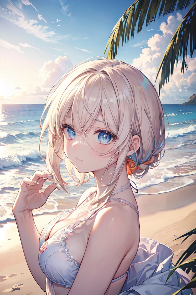 (Superflat, Flat Shading, Flat Color:1.1), (summer),(Ocean:1.3) (White sand beach), (16 year old girl), , change, Blonde, White T-shirt, (White panties:1.2), blush, Open your mouth, (Showing tongue), Selfie, View from below, (Low Angle), White cloud,Palm tree, Bright sunlight, Vibrant colors, Best Shadow, watercolor,