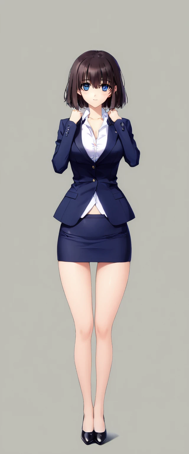 Megumi Kato,  1 girl, Alone, bangs,  brown hair, (((Female lawyer, ( formal suit micro mini skirt,   Micro Mini Pencil Skirt),  white shirt,   Navy Blue Jacket,Big Breasts、 cleavage、Thin legs、The white panties are visible from the hem of the skirt,The white panties are visible from the hem of the skirt))),( perfect body for a lawn,  Anime Virtual YouTuber Full Body Model , Full body of a single character,  standing in a splendid posture , short!,  full body shot超詳細)、 skinny, Alone, 1 female,   Masterpiece ,   best quality ,   best quality , 16k,  unbelievably ridiculous,  high definition, 2.5D, AI-generated, Delicate and dynamic,  Very delicate facial expression, Delicate eye depiction,  Erotic , only  sexy woman, ((A cute and kind face)), Healthy body shape, ((25-year-old woman)), Height: 170cm,  Moderately Firm Swaying Bust , sexy, (( Thin Thighs )),,  shiny,  Facing Viewers , smile, ((Oily_skin)), (((( full body shot、)))), (( Erotic  pose)),  fashion model posing with faded gray hair,   fashion model style DJ, ((((( beautiful eyes、 beautiful eyes)))))、((((Take a full-body shot from the front、Bewitching pose、Navy blue micro mini skirt))))