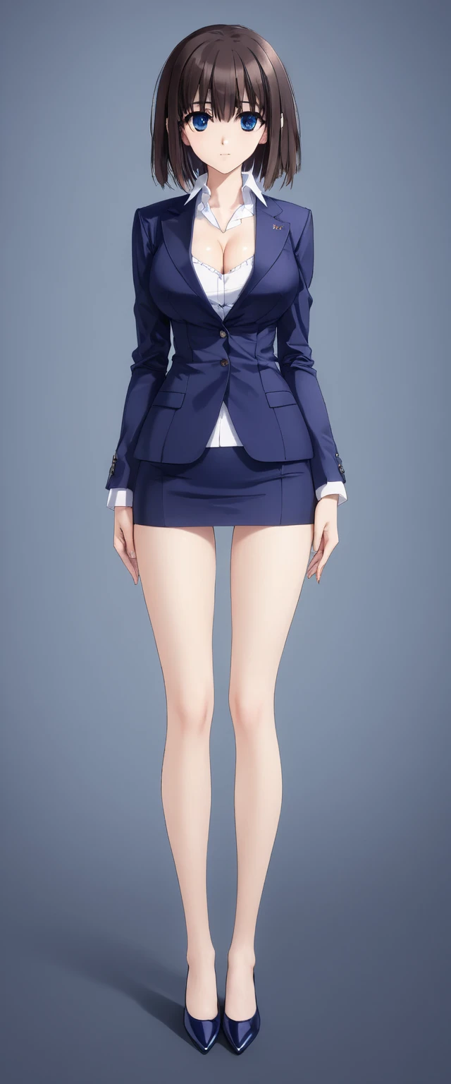 Megumi Kato,  1 girl, Alone, bangs,  brown hair, (((Female lawyer, ( formal suit micro mini skirt,   Micro Mini Pencil Skirt),  white shirt,   Navy Blue Jacket,Big Breasts、 cleavage、Thin legs、The white panties are visible from the hem of the skirt,The white panties are visible from the hem of the skirt))),( perfect body for a lawn,  Anime Virtual YouTuber Full Body Model , Full body of a single character,  standing in a splendid posture , short!,  full body shot超詳細)、 skinny, Alone, 1 female,   Masterpiece ,   best quality ,   best quality , 16k,  unbelievably ridiculous,  high definition, 2.5D, AI-generated, Delicate and dynamic,  Very delicate facial expression, Delicate eye depiction,  Erotic , only  sexy woman, ((A cute and kind face)), Healthy body shape, ((25-year-old woman)), Height: 170cm,  Moderately Firm Swaying Bust , sexy, (( Thin Thighs )),,  shiny,  Facing Viewers , smile, ((Oily_skin)), (((( full body shot、)))), (( Erotic  pose)),  fashion model posing with faded gray hair,   fashion model style DJ, ((((( beautiful eyes、 beautiful eyes)))))、((((Take a full-body shot from the front、Bewitching pose、Navy blue micro mini skirt))))