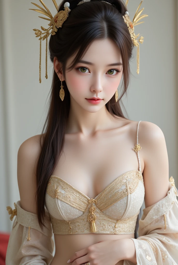 Photography fullbody random poses, (Beautiful Japannese Female, (green puri eye)), (Beautiful cup-A small chests), (white pale skin and athletic physique body), (wearing pretty dress, very long thick elaborate updo hair), 1800's style, 