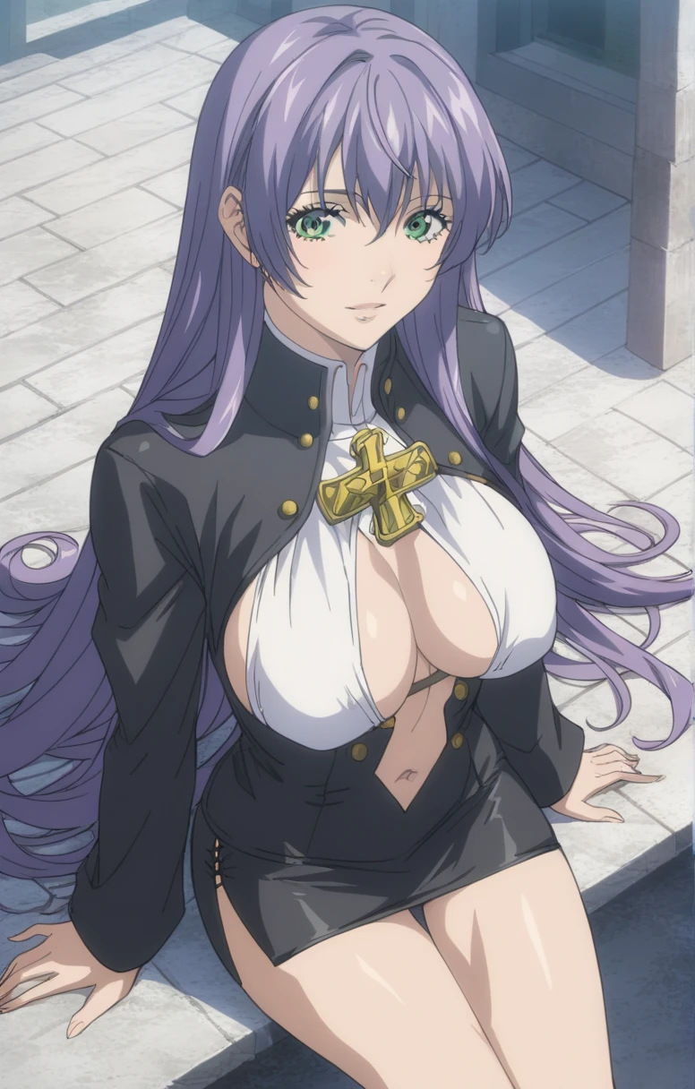  better quality , masterpiece , Looking at the viewer, absurdres,1 girl, score_9, score_8_above, score_7_above,source_ anime ROMPS Sasha , green eyes, purple hair ,long hair, big breasts , black jacket , short black skirt neckline, side opening, high opening, cross opening , Absolute Field , thighs,Japanese architecture, sunny, natural light