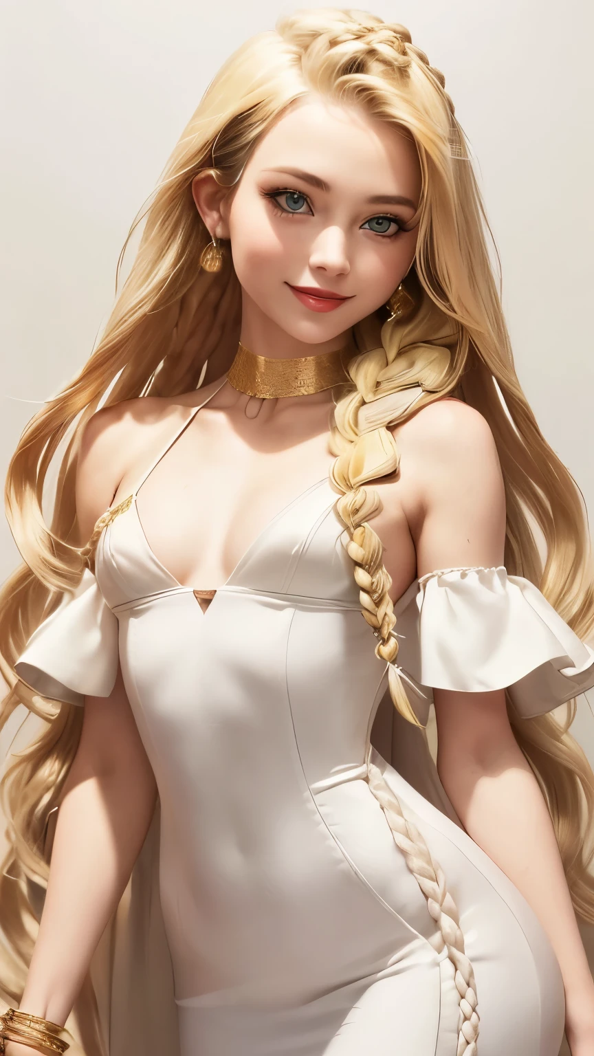 (Sfw:1.9), tall Blonde adult woman, shy smile, shy eyes, golden irises, golden bracelets, sleek golden armlets, light red lipstick, smoky eyeshadow, heavy eyeliner, lush eyelashes, delicate body, delicate frame, slightly chubby, perfect skin, perfect complexion, perfect make-up((high detailed, best quality, 4k, masterpiece, hd:1.3)), ((best quality)), (((HD))), (((8k))), (ultraDH), (ultra HD), (blonde hottie:1.5), (partial braids:1.8), (small breasts:1.8), (white gown:1.6), (body focus), (from front:1.3), (from abovee:1.1), (shoulders out:1.3), (calves out:1.3), (cleavage:1.1), (off shoulder:1.2), (perfect hands, perfect anatomy)