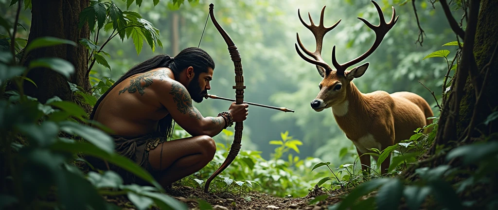 A handsome guy with tanned skin and masculine features of a young man. He has black hair down to his knees and panther ears.. He has a bare torso, wearing full-length brown fur trousers and hoof-like shoes.. He has a red heart pendant.. He squats in a thicket of ferns and shoots a bow.. A kind, beautiful panther lies beside him..