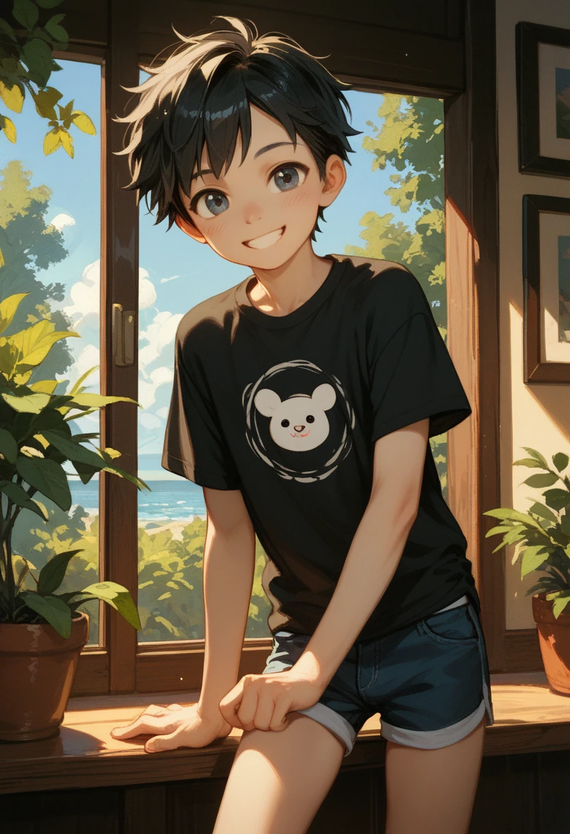 a  boy,skinny,cute,black hair,smiling,t shirt,short pants,