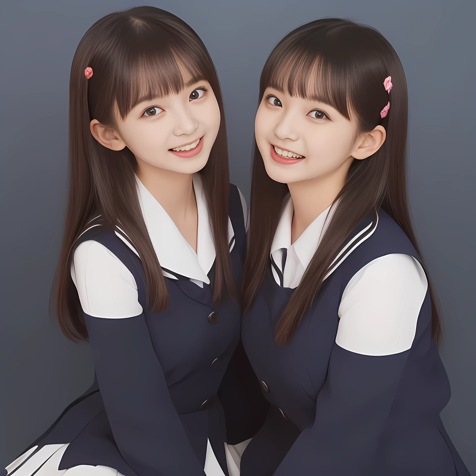 (Highest quality, masterpiece:1.2), Highest quality, High resolution, 1080P, 8k, (Two 13yo Japanese slender 清楚美少女アイドル are seated and give strong subliminal sexual invitation and temptation, undressing navy uniform, cute skirt with beautiful knees, looking at the viewer, can't stop showing cute smile open mouth because of feeling the viewer too ridiculous, very white-white face, very proud of her long straight black hair, using face-whitening cosmetics, 13yo 美少女's eyes, Small pupils, laughing giggling most open mouth, too expensive navy sailor-styled school uniform, well-straitened super-long well-trimmed long hair, evenly neatly trimmed girly cute bangs: 1.5), (Laughing blushed cheeks with dimples), (Well-balanced, impressive, very intelligent, double-eyelids, black shining large eyes of 13yo 美少女 with detailed: 1.5), ((Beautiful well-figured glossy opened laughing lips: 1.2)), (mature breast), (The viewer is forced to madly kiss her breast ribbon), (Very beautiful, super-glossy, cute neat black amazingly long hair, straight well-done long hair-style: 1.3), (plain blue background: 1.6), (((Completely balanced beautiful big cool eyes: 1.3))), (eyes, face and hair are especially beautifully detailed and beautifully drawn: 1.5), (She makes the viewer drink her love ribbon: 1.2), (the viewer become crazy and can't stop bursting and running every liquid to 清楚美少女, 美少女 is surprised : 1.7), (School uniform, too-cute slender 13歳 super-long-hair Japanese 美少女 idol twins are laughing at me and unties the breast button and make the viewer drink it: 2.0), (Super long hair super-beautiful 美少女 super-cute face navy-sailor-suit school-uniform pretty slender 美少女 of 美少女 photo magazine in the 1990s: 2.0), (Inevitable subliminal invitation and temptation force the viewer fall into eternal deep deep unreal pleasure of 清楚美少女ハーレム地獄: 2.0)