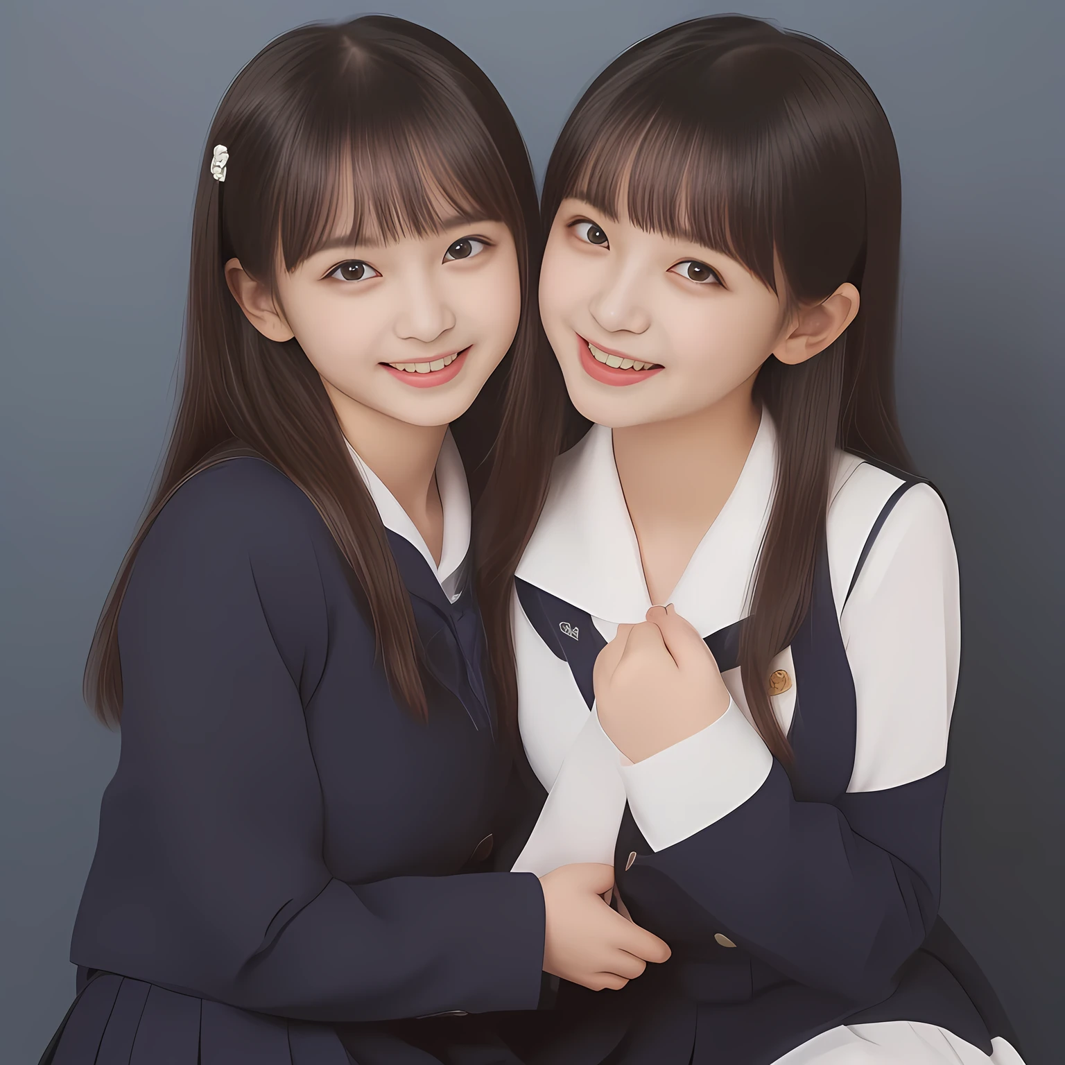 (Highest quality, masterpiece:1.2), Highest quality, High resolution, 1080P, 8k, (Two 13yo Japanese slender 清楚美少女アイドル are seated and give strong subliminal sexual invitation and temptation, undressing navy uniform, cute skirt with beautiful knees, looking at the viewer, can't stop showing cute smile open mouth because of feeling the viewer too ridiculous, very white-white face, very proud of her long straight black hair, using face-whitening cosmetics, 13yo 美少女's eyes, Small pupils, laughing giggling most open mouth, too expensive navy sailor-styled school uniform, well-straitened super-long well-trimmed long hair, evenly neatly trimmed girly cute bangs: 1.5), (Laughing blushed cheeks with dimples), (Well-balanced, impressive, very intelligent, double-eyelids, black shining large eyes of 13yo 美少女 with detailed: 1.5), ((Beautiful well-figured glossy opened laughing lips: 1.2)), (mature breast), (The viewer is forced to madly kiss her breast ribbon), (Very beautiful, super-glossy, cute neat black amazingly long hair, straight well-done long hair-style: 1.3), (plain blue background: 1.6), (((Completely balanced beautiful big cool eyes: 1.3))), (eyes, face and hair are especially beautifully detailed and beautifully drawn: 1.5), (She makes the viewer drink her love ribbon: 1.2), (the viewer become crazy and can't stop bursting and running every liquid to 清楚美少女, 美少女 is surprised : 1.7), (School uniform, too-cute slender 13歳 super-long-hair Japanese 美少女 idol twins are laughing at me and unties the breast button and make the viewer drink it: 2.0), (Super long hair super-beautiful 美少女 super-cute face navy-sailor-suit school-uniform pretty slender 美少女 of 美少女 photo magazine in the 1990s: 2.0), (Inevitable subliminal invitation and temptation force the viewer fall into eternal deep deep unreal pleasure of 清楚美少女ハーレム地獄: 2.0)