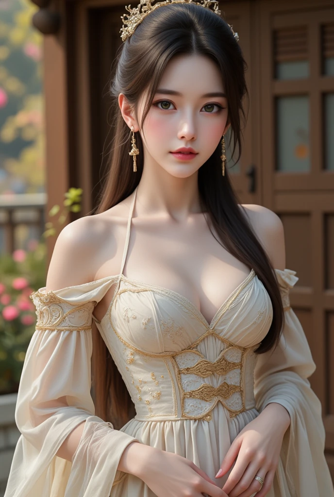 Photography fullbody random poses, (Beautiful Japannese Female, (green puri eye)), (Beautiful cup-A small chests), (white pale skin and athletic physique body), (wearing pretty dress, very long thick elaborate updo hair), age of European 1800's style,