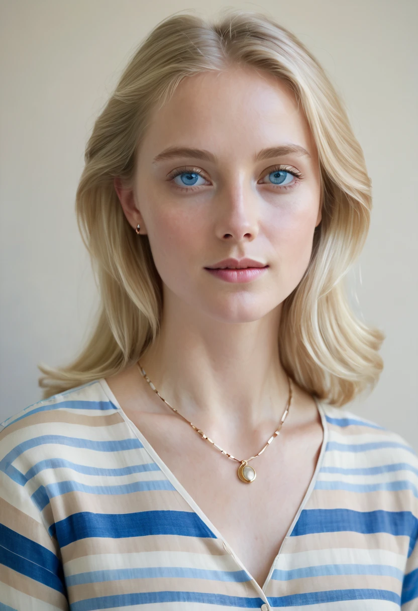 Create a high-quality, extremely natural and realistic illustration of WendyMellow, a serene and calming Scandinavian wellness influencer. She has a soft, welcoming face with defined angular features, expressive clear blue or green eyes, and a warm smile. Her long, light blonde or light brown hair falls in gentle waves over her shoulders. She is sitting in a tranquil Scandinavian park, meditating. Wendy is wearing a flowing light blue dress with a light gray wool cardigan. She has a clear, luminous complexion. Around her wrist, she wears a delicate silver bracelet, and around her neck, a simple pendant. The soft morning light enhances her peaceful aura, reflecting her inner tranquility and well-being. The image should be as realistic and detailed as possible, capturing every nuance of her serene and calming presence.