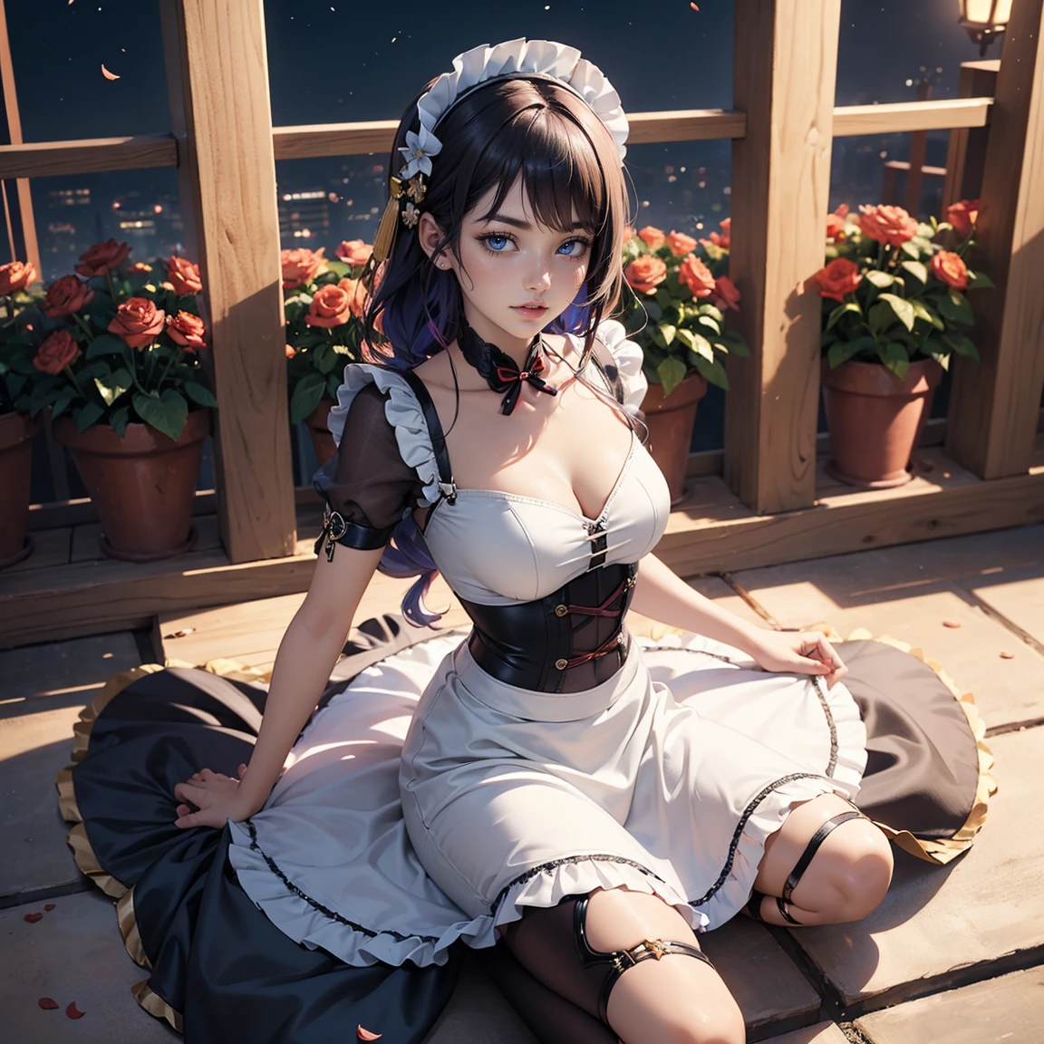 Mona_(genshin impact), 1girl, white roses, ornament hair, roses on her hair, maid, maid dress, maid headdress, maid apron, black hair, long hair, seat on a grass, garden scene, Chinese maid dress, gold lantern, navy dress, more details on her clothes, golden details, night, smiling, coat, chinese style, solo, alone, crystal, curtains, full moon on the sky, laces, frills, sparkles, fireflies, sitting on the grass, chinese architecture on the background, white roses on the floor, garden scenery, mini skirt