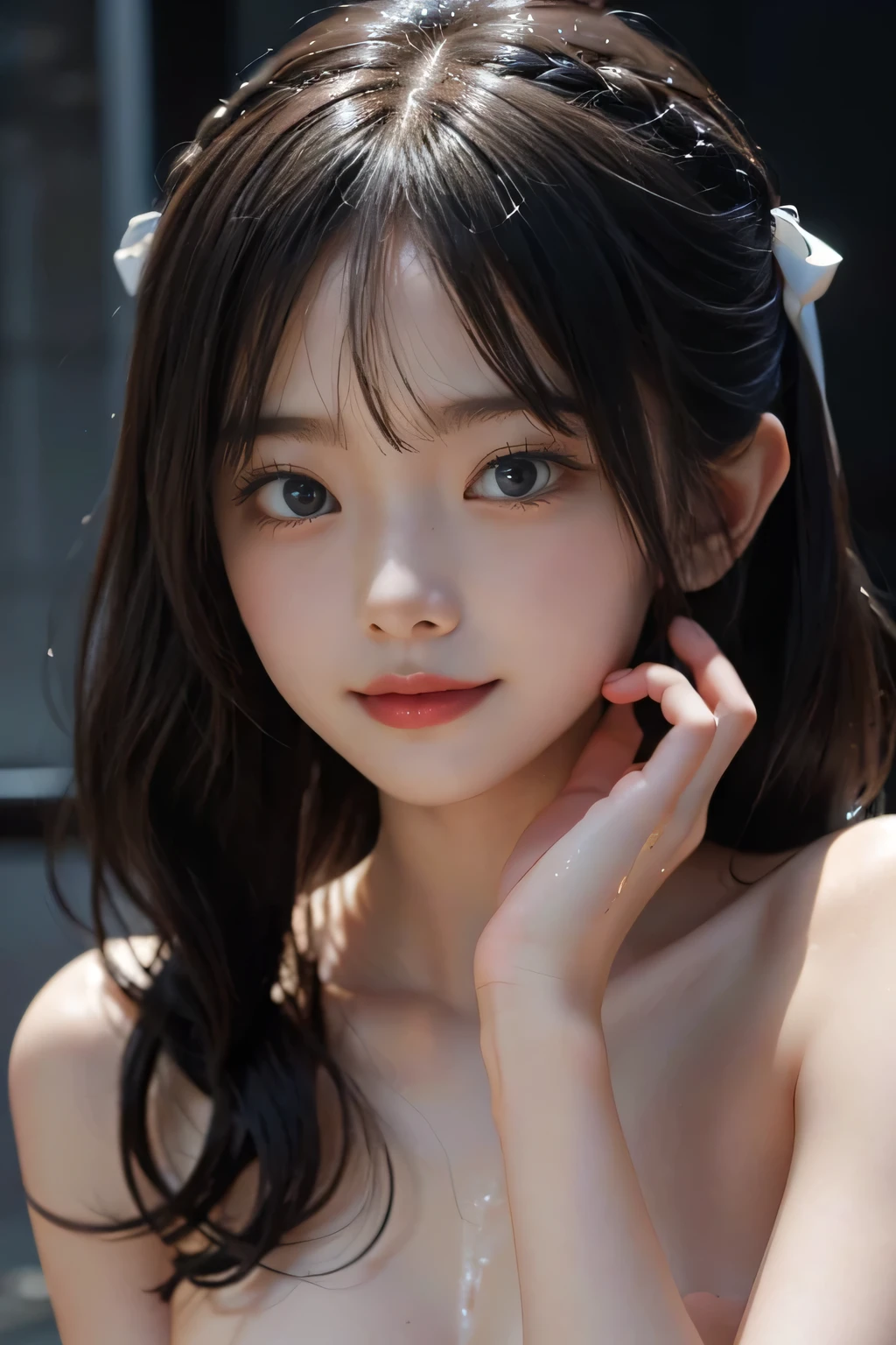 One Girl,Very cute girl at 15 years old,Big eyes:0.5,The face is facing straight ahead,Body facing forward,Beautiful nose,Fuller lips,Short black hair,ponytail,Detailed eyelashes,Thin eyebrows,Symmetrical eyes,Face close-up,White swimsuit,Portrait,View Viewer
