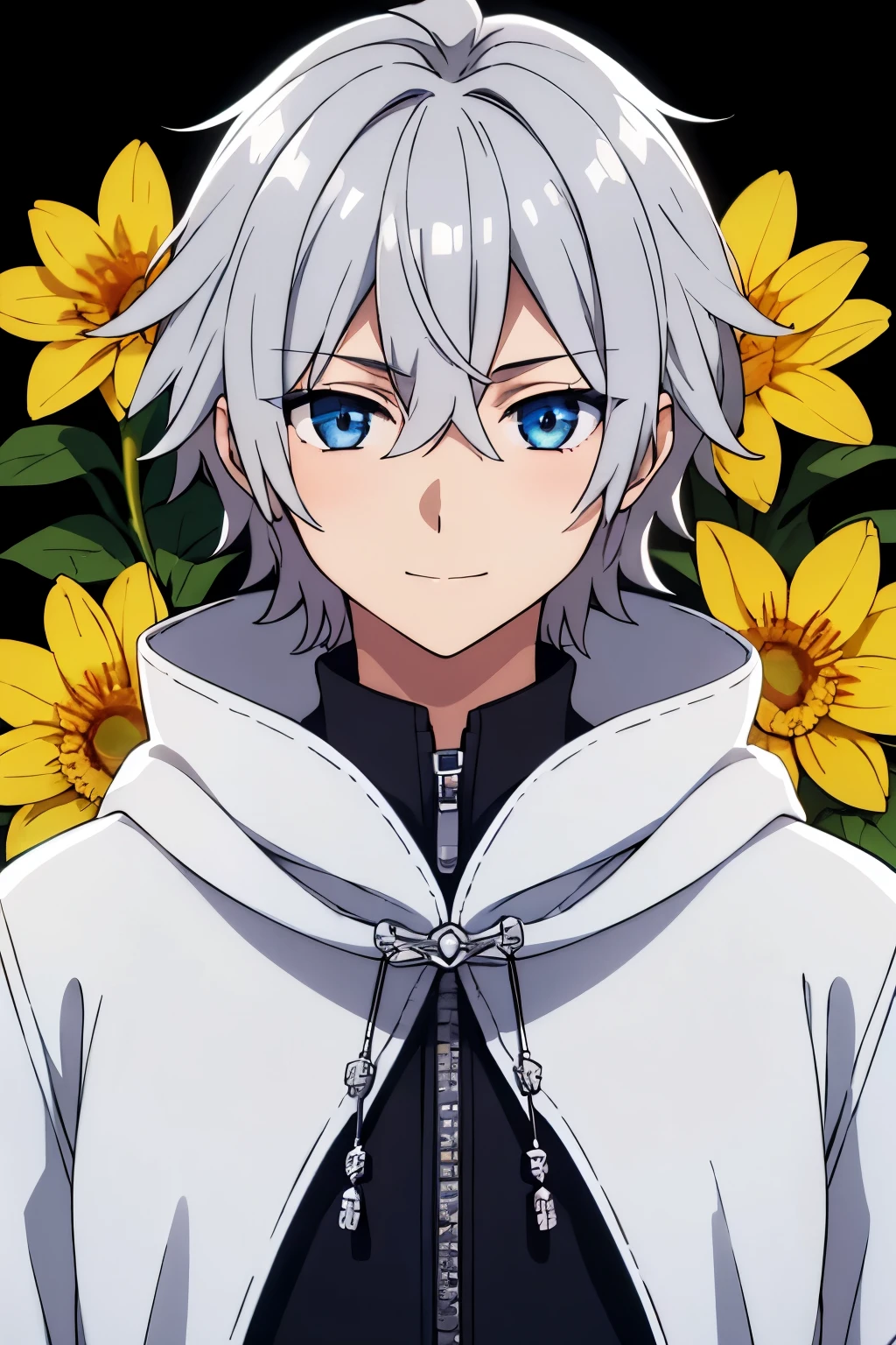 (high-quality, breathtaking),(expressive eyes, perfect face) 1boy, portrait, male, solo, teenager, white silver hair, golden highlights, symmetrical eyes, symmetrical ears, soft wavy hair, short hair length, cute smile, kind face, blue winter scarf, short sleeves, orange trim, open coat, black background, plain blackground, golden yellow flowers, petals, hair ornaments, flower ornaments, hair flowers, narrow eyes, flowers covering body, Organization XIII Coat, hood down, white shirt,
