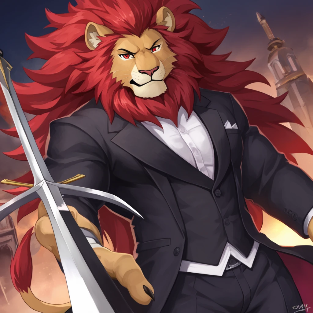 Furry,lion,Dislaty,muscle,yellow, red eyes,big sword,strong,Suit, perfect face