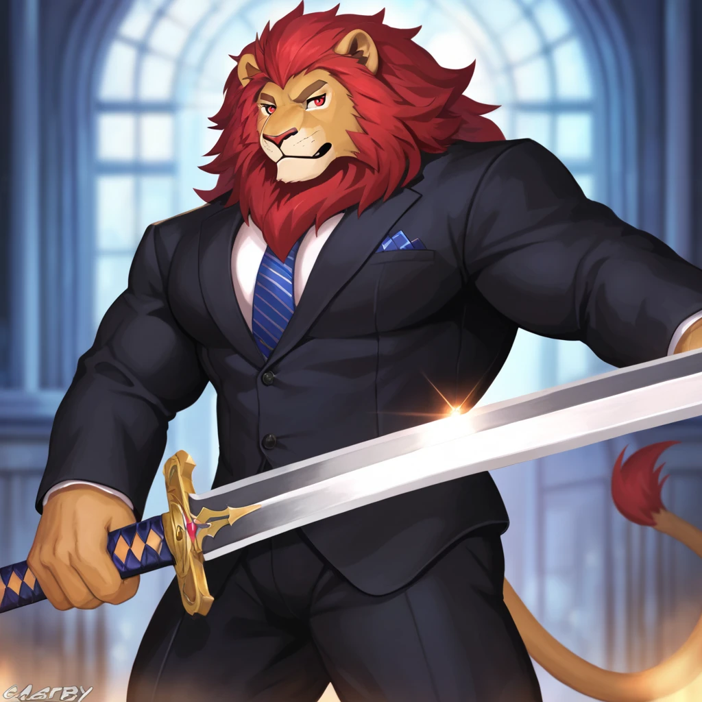 Furry,lion,Dislaty,muscle,yellow, red eyes,big sword,strong,Suit, perfect face