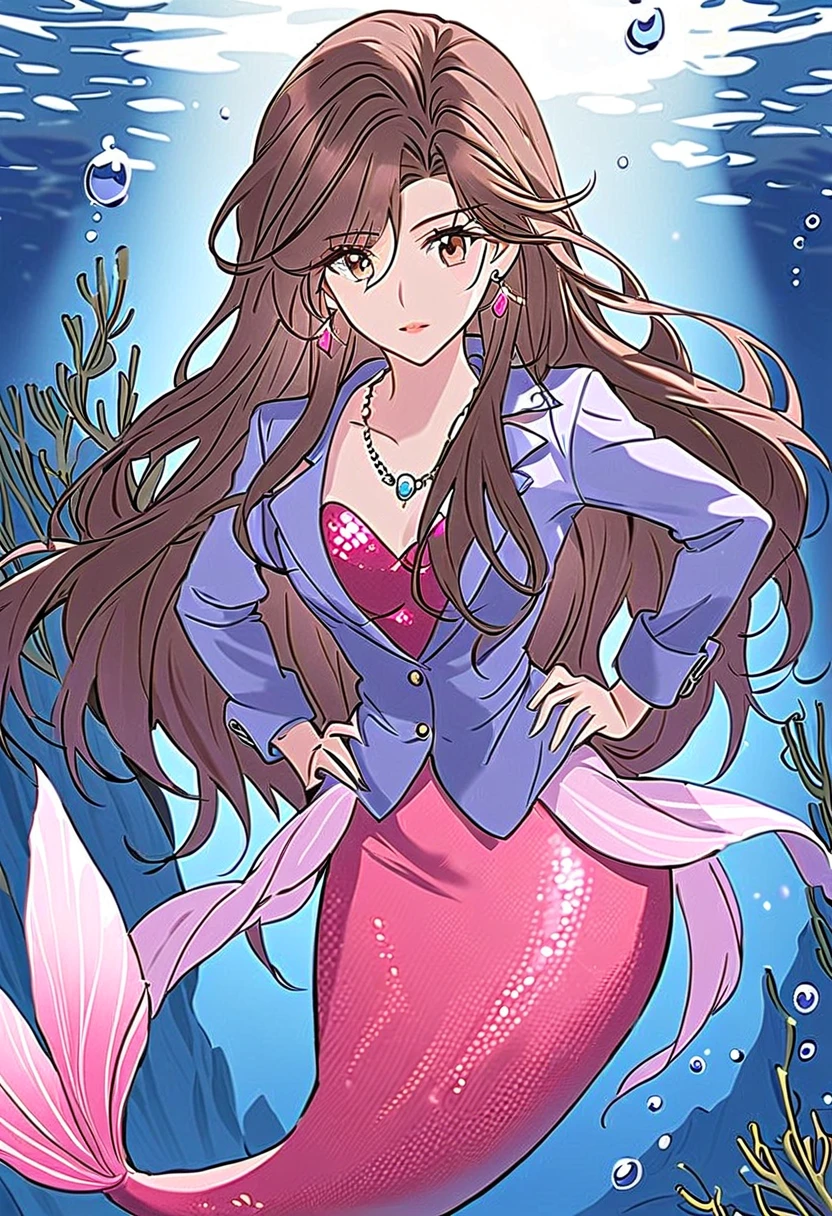 Underwater, seaweed, 1 Girl,solo, mermaid, pink mermaid tail, pink mermaid tail below waistline, jewelry,hands on hips,brown hair,long hair,dress,white dress,necklace,brown eyes,jacket,earrings,blue jacket,belt, nice body,