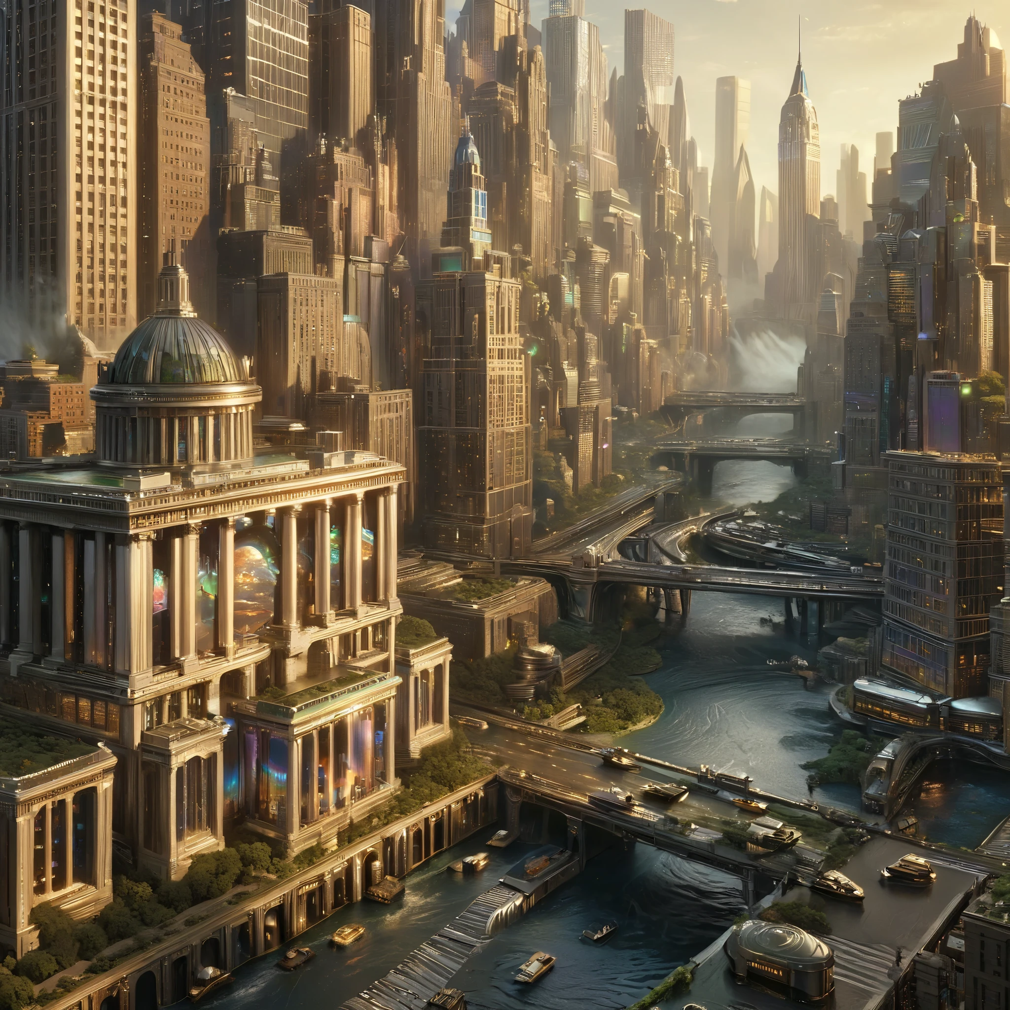 there is a large city with a river running through it, elaborate matte painting, extravagant matte painting, stunning matte painting, sci - fi scene future new york, hyperrealistic matte painting, insanely detailed matte painting, 8 k matte painting, 8k matte painting, amazing exquisite matte painting, metropolis filmic gotham city, beeple and tim hildebrandt