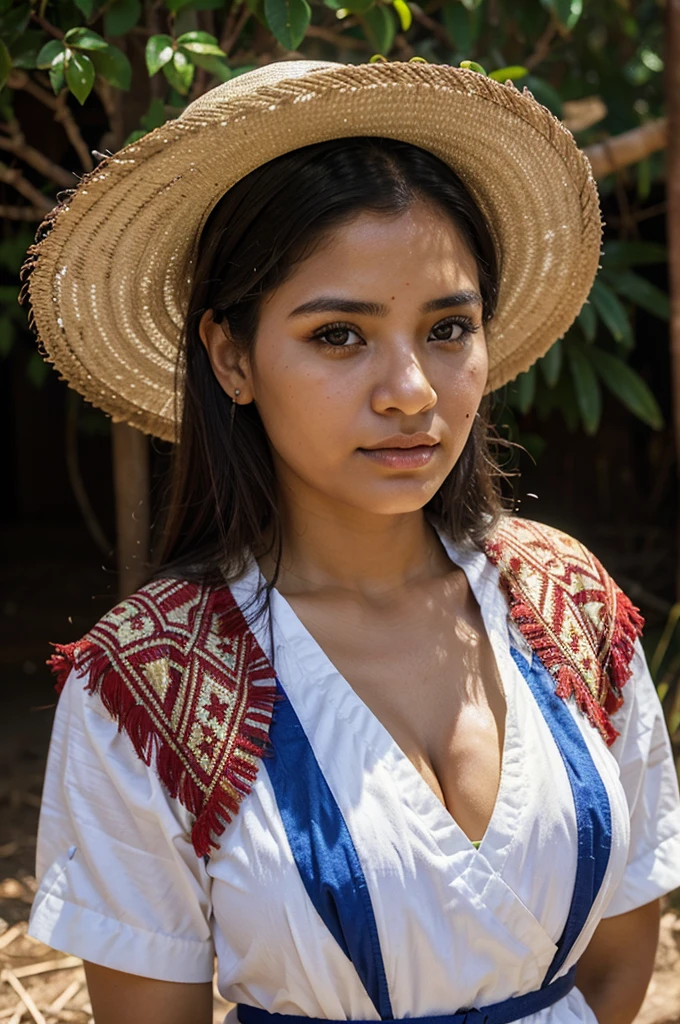 Realistic image of Mexican brunette girl sitting on the floor with tender look, on a stage inside a Mexican mask workshop.