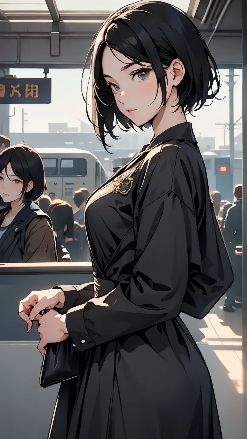 Busy Train Station,  retro modern station building and home、train。Girl getting ready for a steampunk trip、crowd、masterpiece、wallpaper、 High Quality 、High image quality、8k、