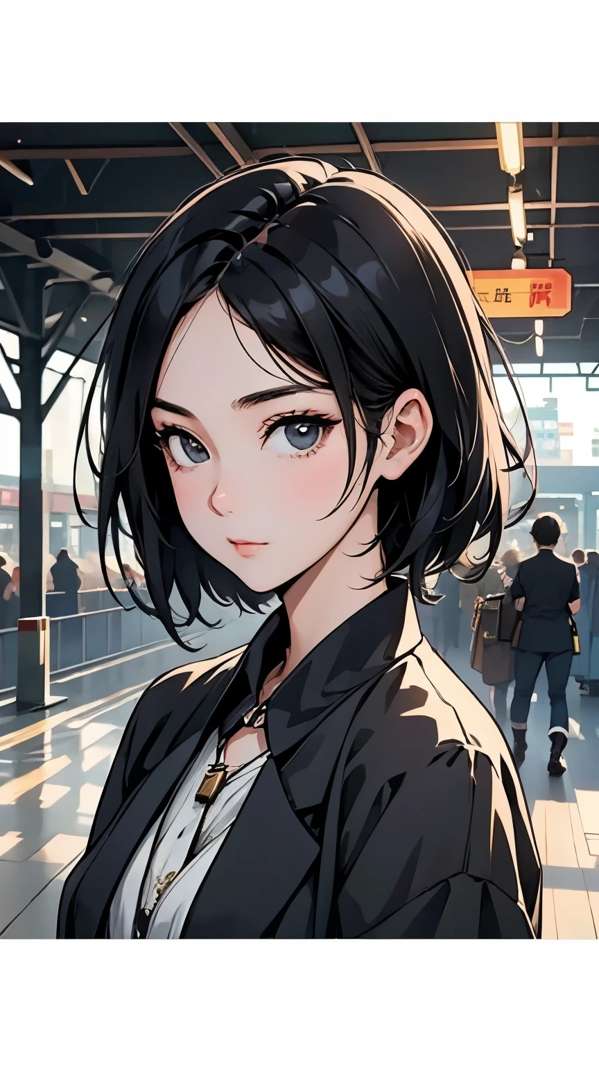 Busy Train Station,  retro modern station building and home、train。Girl getting ready for a steampunk trip、crowd、masterpiece、wallpaper、 High Quality 、High image quality、8k、