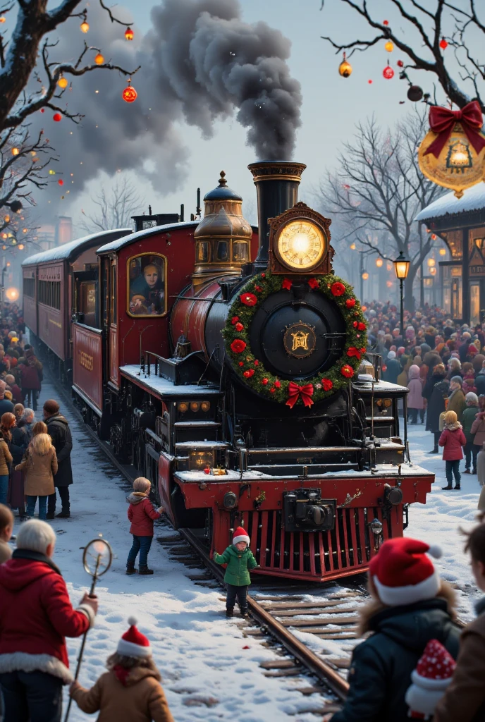 A train stopped at a station without a station building, a crowd of people surrounding the train as if it were an outdoor festival, Christmas decorations, masterpiece, best quality, very aesthetic, absurdres, very aesthetic