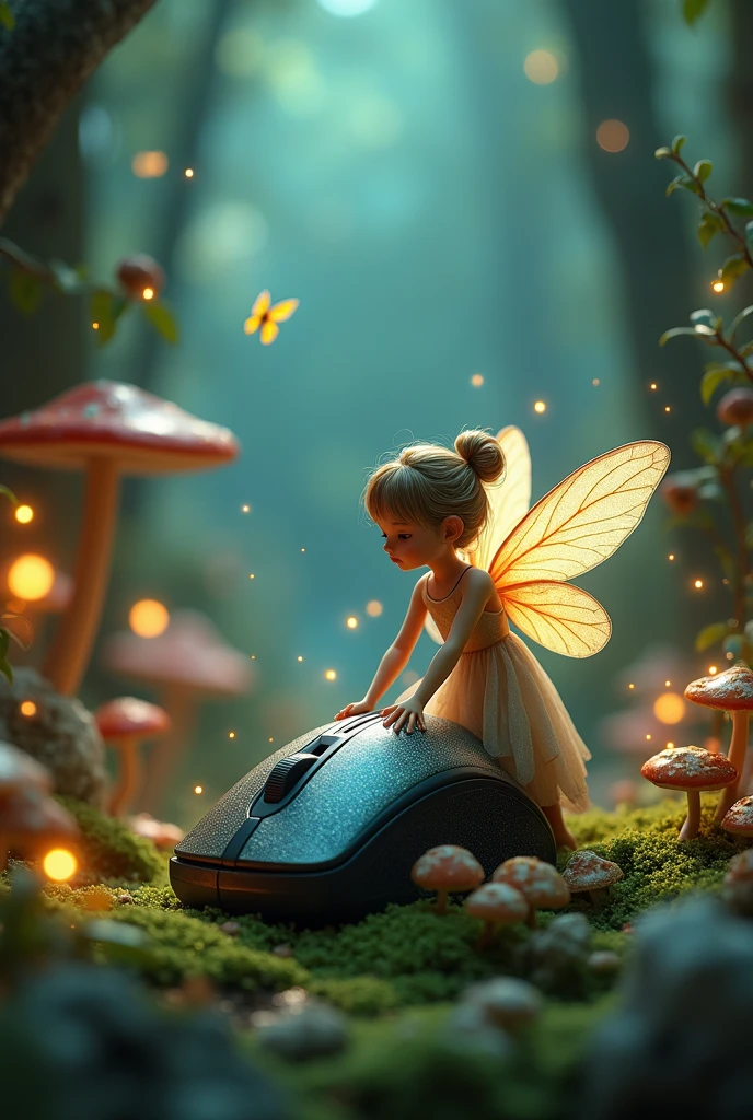 A delightful tableau of a minuscule fairy, with iridescent wings that shimmer in hues of blue and green, tenderly hovering beside a slightly larger, bioluminescent firefly. The fairy is focused intently on a sleek, futuristic charging port embedded in the bark of an ancient, gnarled tree. The charging port is a harmonious blend of nature and technology, with vein-like patterns of circuitry pulsing with a soft glow, reminiscent of the firefly's own light. The firefly, its wings adorned with a patina of tiredness from a night of illuminating the surrounding forest, has landed gracefully on the port, aligning its own glowing abdomen with the charging node. The fairy, with a knowing smile, gently places a dainty hand on the firefly's back, which transfers a spark of magical energy to the charging mechanism. The scene is suffused with a warm, ethereal light that casts dappled shadows on the leafy ground below, creating a serene and whimsical atmosphere. The tree's canopy, a dense tapestry of leaves, forms a backdrop that allows the fairy and the firefly to stand out against the dimly lit forest floor, which is laden with various organic elements such as mushrooms, twigs, and dew-covered blades of grass. The overall effect is one of friendship and cooperation between two distinct beings from the realms of myth and science fiction, bridging the gap between the enchanting world of magic and the practical world of innovation.