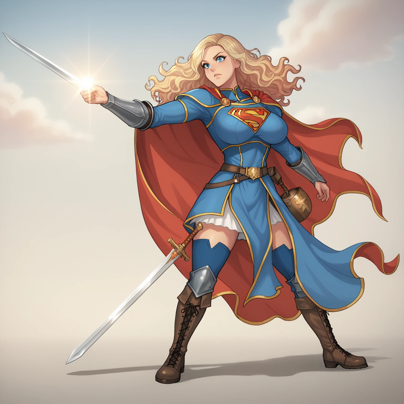 Supergirl warrior champion in paladin clothing,  voluptuous body , medieval, isekai,  long wavy hair, split hair style,  full armor with cape , High combat boots , sword
