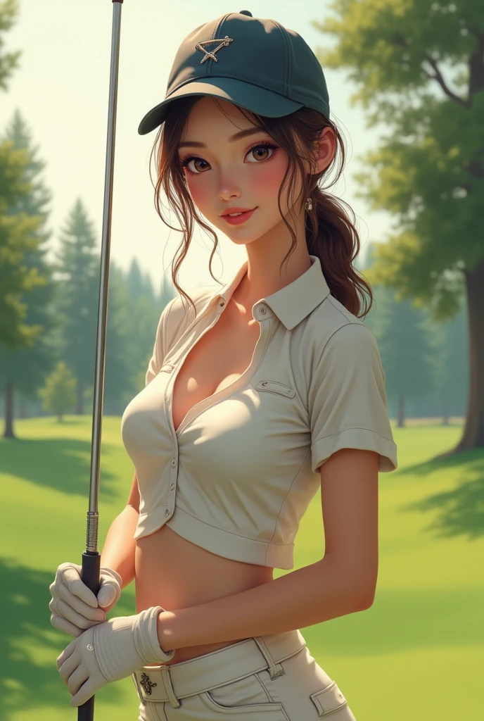(8K, Best Quality, masutepiece:1.2), ( Photorealsitic:1.37), Ultra-detailed,Best Quality, 超A high resolution, Professional Lighting,Physically-based rendering, Cinematic lighting,dynamic shot, Golf Competition Venue,depth of fields, Sharp Focus, Good composition,(Bokeh:1.2) 1girl in,Solo,(nice legs), Beautiful detailed eyes, Wet skin,Sweat, small head,Large breasts,Narrow waist,Golf Uniform Skirt,