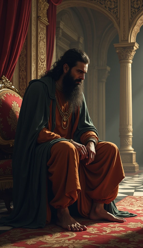 In an ancient kingdom, where trees touch the heavens and rivers sing melodies of forgotten times, sits on a carved wooden throne, encrusted with precious stones, a king of legendary wisdom. This man, with fair skin and medium hair dyed by life's experience, sports a white beard that flows like snow from the highest peak, symbolizing the depth of his knowledge and the passage of time. An intricately designed crown, representing the complexity of wisdom and power, rests upon his head, shining in the soft light that fills the throne hall. **Scenario:** The great hall is lit by torches that dance to the rhythm of the gentle breeze, creating story-telling shadows on the stone walls. In the center, the king's chair, more a throne of wisdom than of power, awaits its occupant. Carved with scenes of justice and mercy, it serves as a constant reminder of the weight the king carries on his shoulders. do it in 8k quality that is realistic illustration
