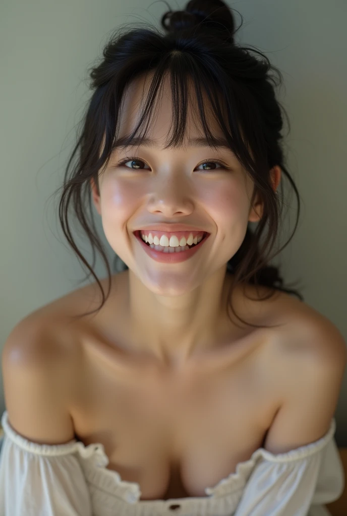 A very cute Japanese actress, 22 years old, Detailed pale skin, Detailed face, beautiful茶色の目, A seductive, mischievous smile, View your audience, look up,(close, Leaning forward, Wet Skin: 1.3), (Upper chest, Cleavage, Covered nipples:1.2), (Covering nipples with hands:1.8), Straight black hair, Sexy pose, whole body, vapor, Modern bathroom, (8k, RAW Photos, Highest quality, masterpiece, Very detailed, beautiful:1.2), (photo-realistic:1.5), Sharp focus, Sigma 85mm F/1.4., Written boundary depth, Blur the background, Bokeh, Cinematic, Soft Light