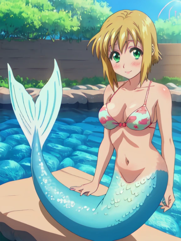 fate mermaid Pico (ぴこ) - Boku no Pico (ぼくのぴこ), slim tall, mature, short blonde hair, bob hair, green eyes, large breasts, underwater sea, bubble airs, smile, red blush, looking at viewer,