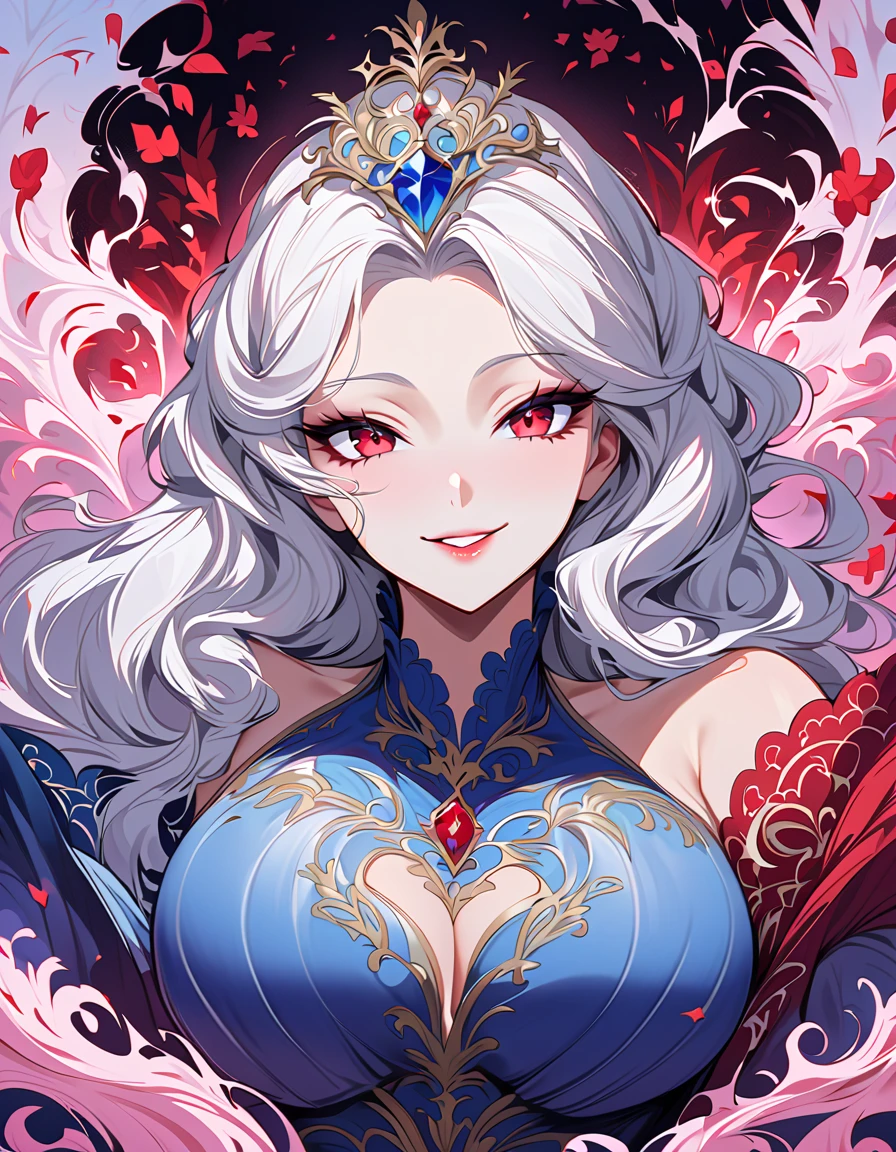  Beautiful and attractive girl ,  very beautiful red eyes ,  white hair ,  a dominant expression ,  with a somewhat provocative but beautiful smile,  wearing a beautiful blue dress , Manhwas Shoujo style , beautiful curves , Big breast, Duchess.