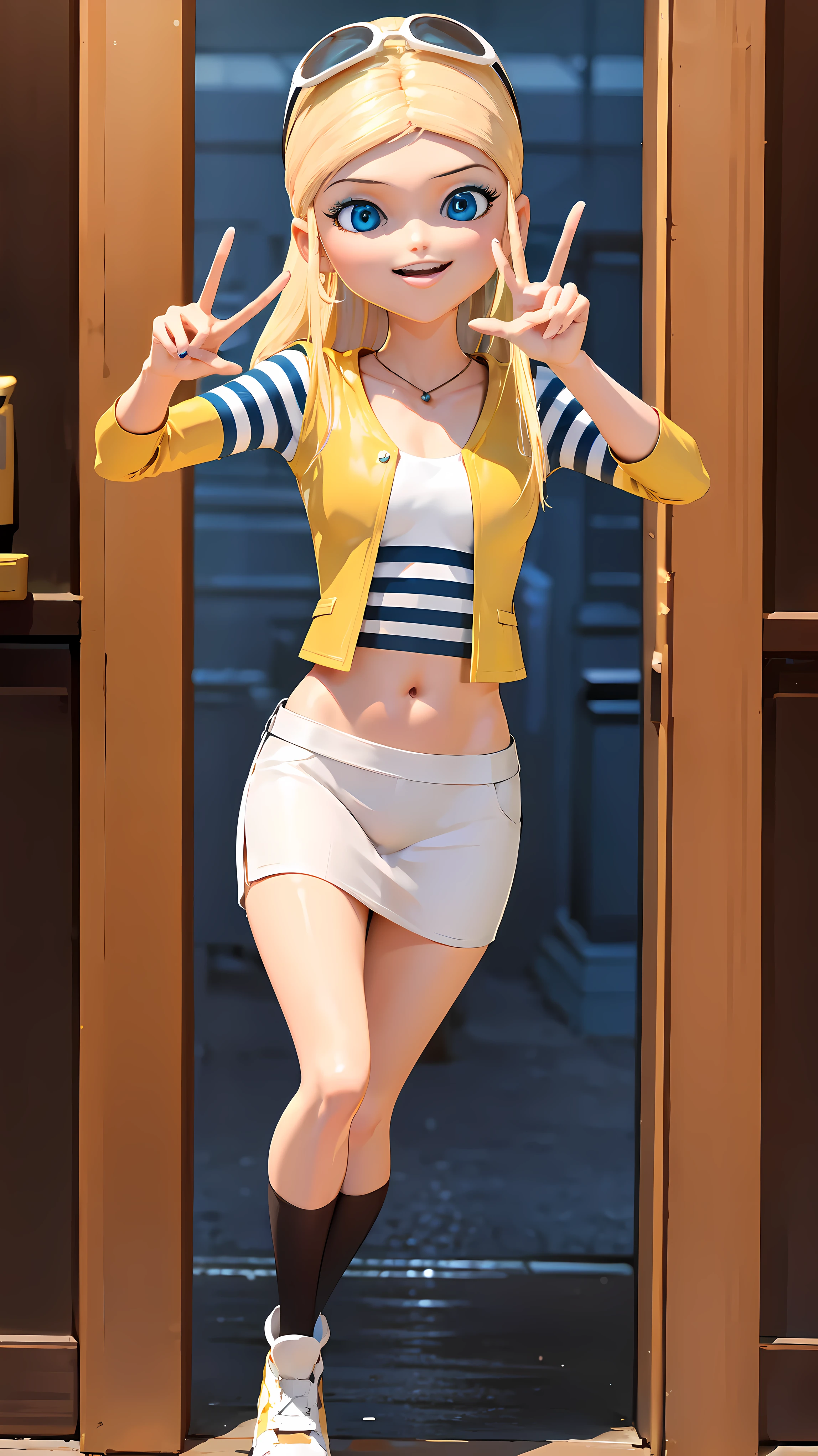 (8k, RAW photo, best quality, masterpiece:1.2), (intricate details), highres, perfect eyes, perfect face, perfect lighting, beautiful, (masterpiece:1.2), (best quality:1.2), 1girl, solo, chloe, blue eyes, blonde, sunglasses on the head, yellow beanie, yellow vest, white miniskirt, black white striped shirt, long yellow socks, navel shirt, medium size breast, peace sign. smiling, showing teeth