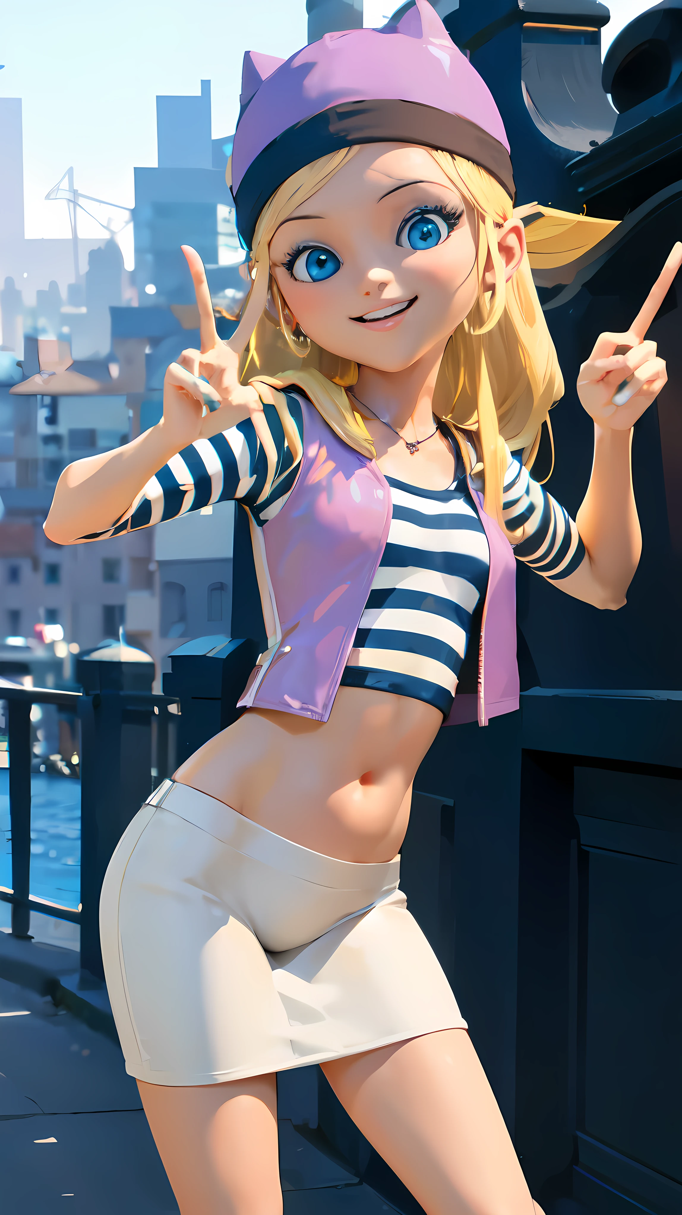 (8k, RAW photo, best quality, masterpiece:1.2), (intricate details), highres, perfect eyes, perfect face, perfect lighting, beautiful, (masterpiece:1.2), (best quality:1.2), 1girl, solo, chloe, blue eyes, blonde, sunglasses on the head, yellow beanie, yellow vest, white miniskirt, black white striped shirt, long yellow socks, navel shirt, medium size breast, peace sign. smiling, showing teeth