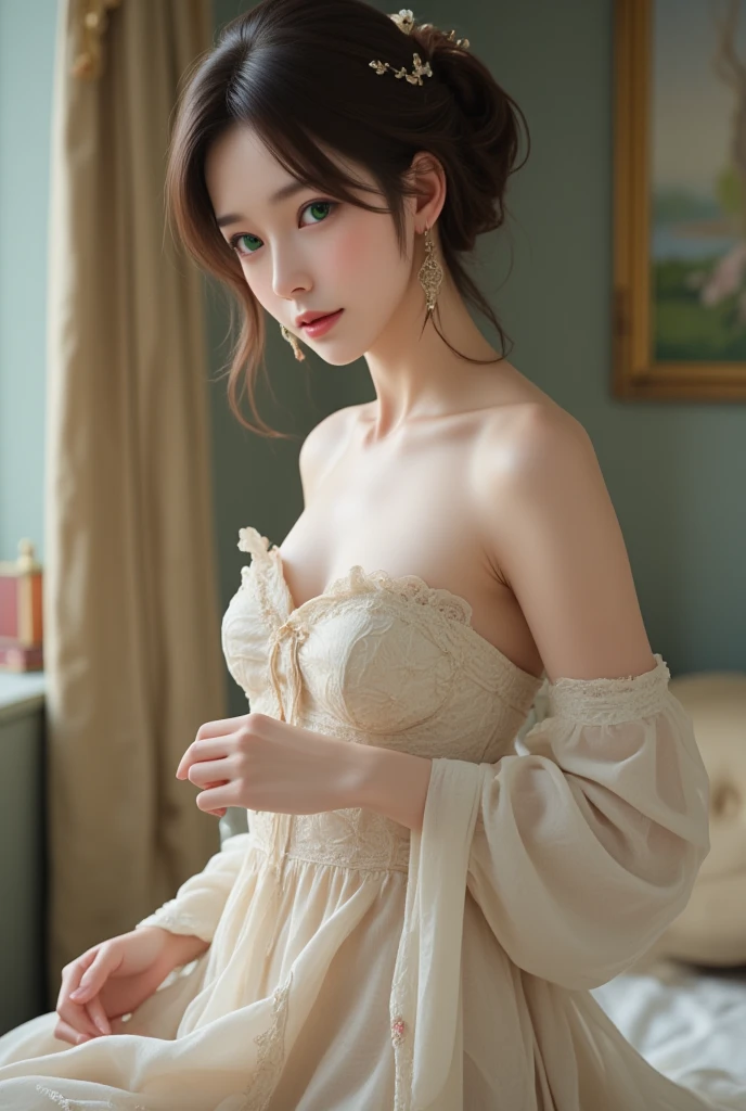 Photography fullbody random poses, (Beautiful Japannese Female, (green puri eye)), (Beautiful cup-A small chests), (white pale skin and athletic physique body), (wearing Strapless dress, very long thick elaborate updo hair), European 1800's style, non nude, non pornographic, 